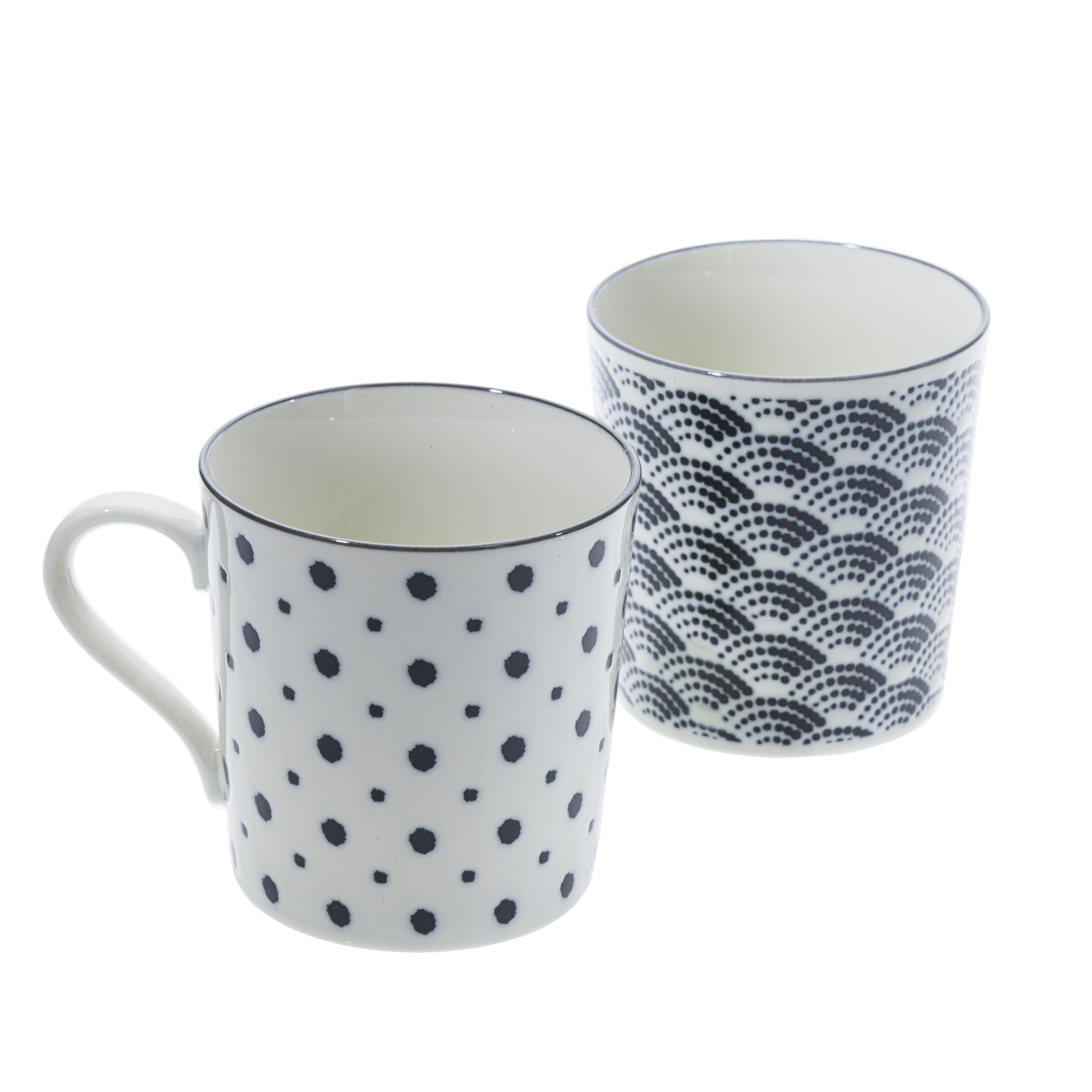 Ceramic Mug Set - Black And White, Traditional Komon Patterns - 375g, Set of 2