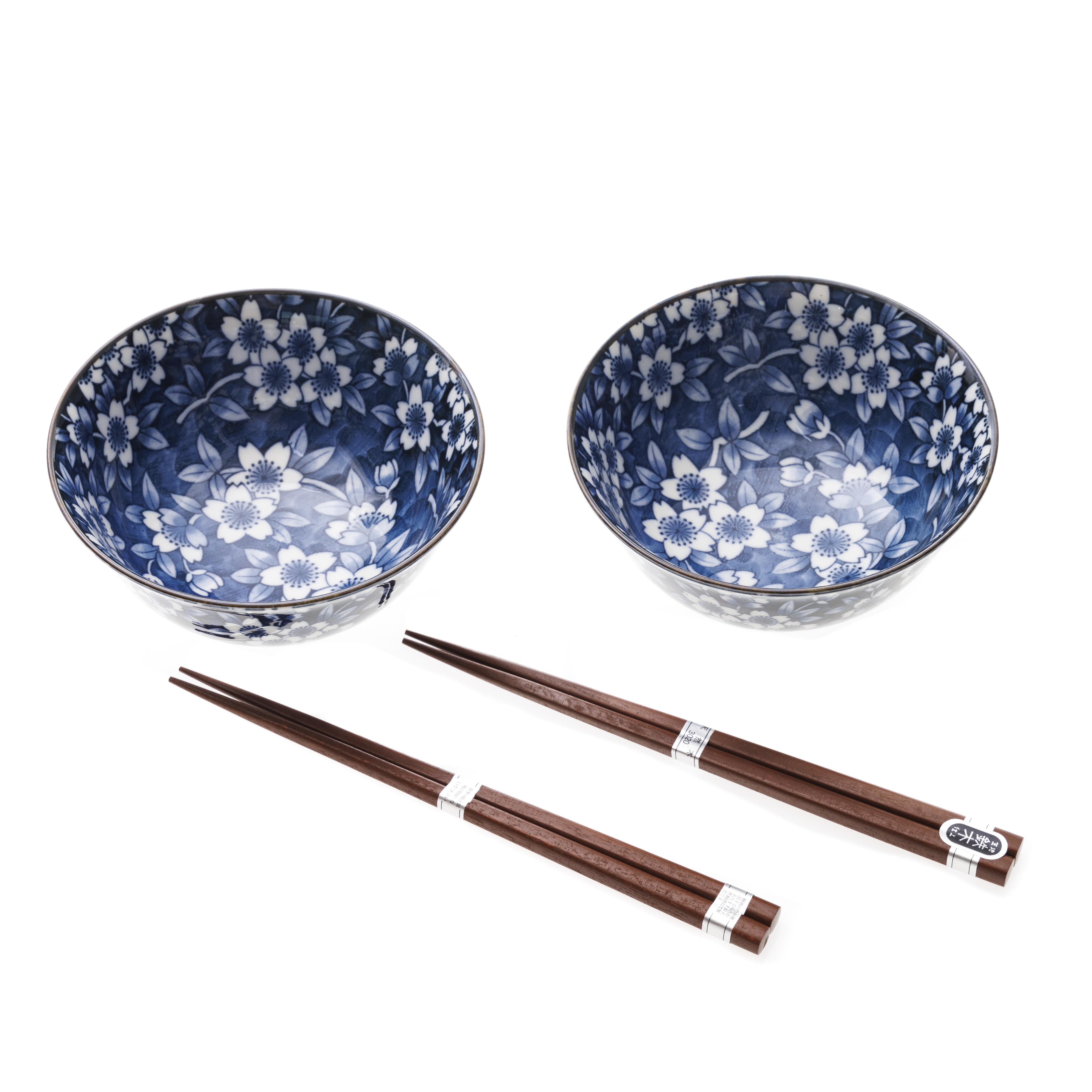 Ceramic Sometsuke Rice Bowl Set With Chopsticks - Navy, Flower Swirl Pattern - 595g, 4 items
