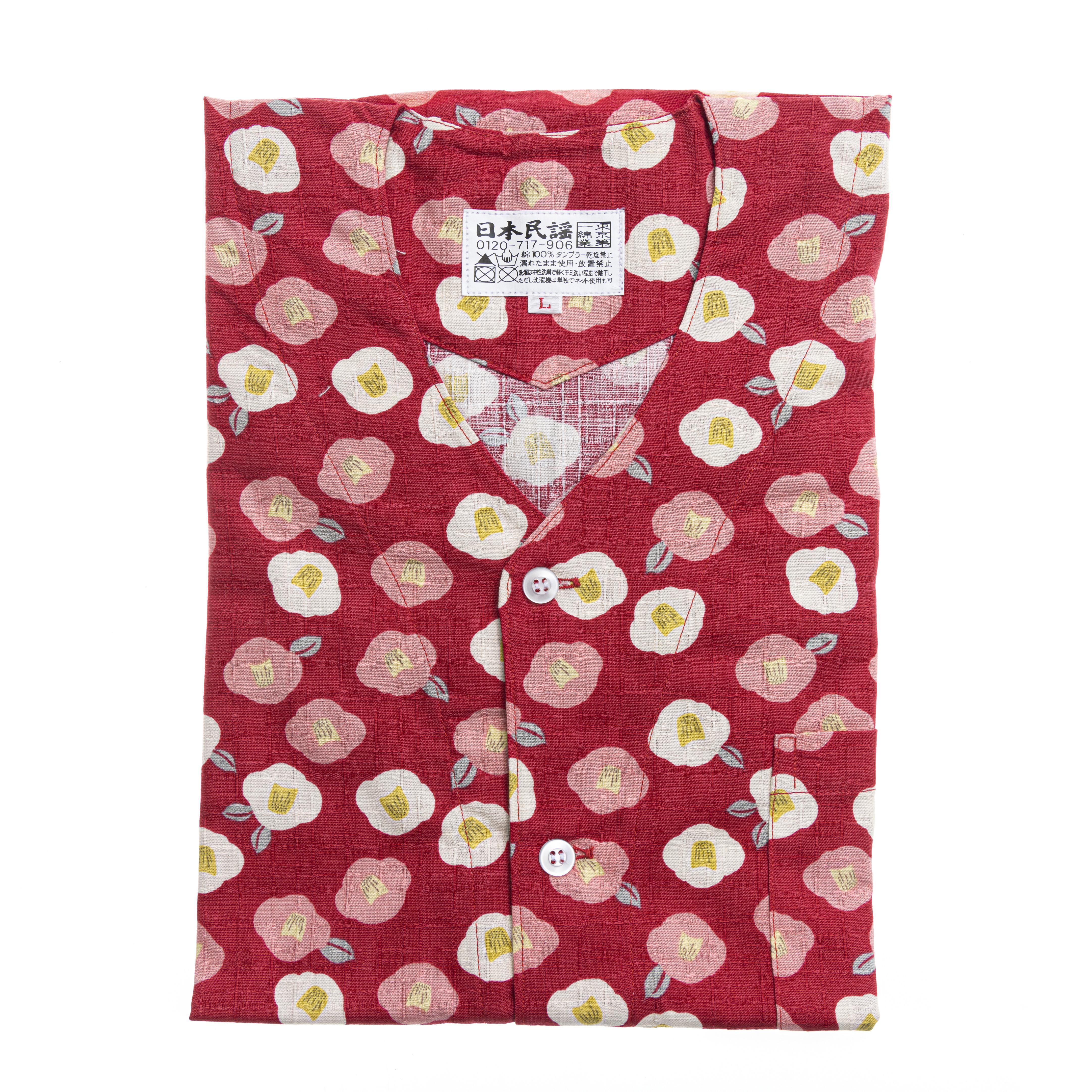 Traditional Japanese Chef Shirt - Red, Tsubaki Camellia Pattern (Large) - 260g