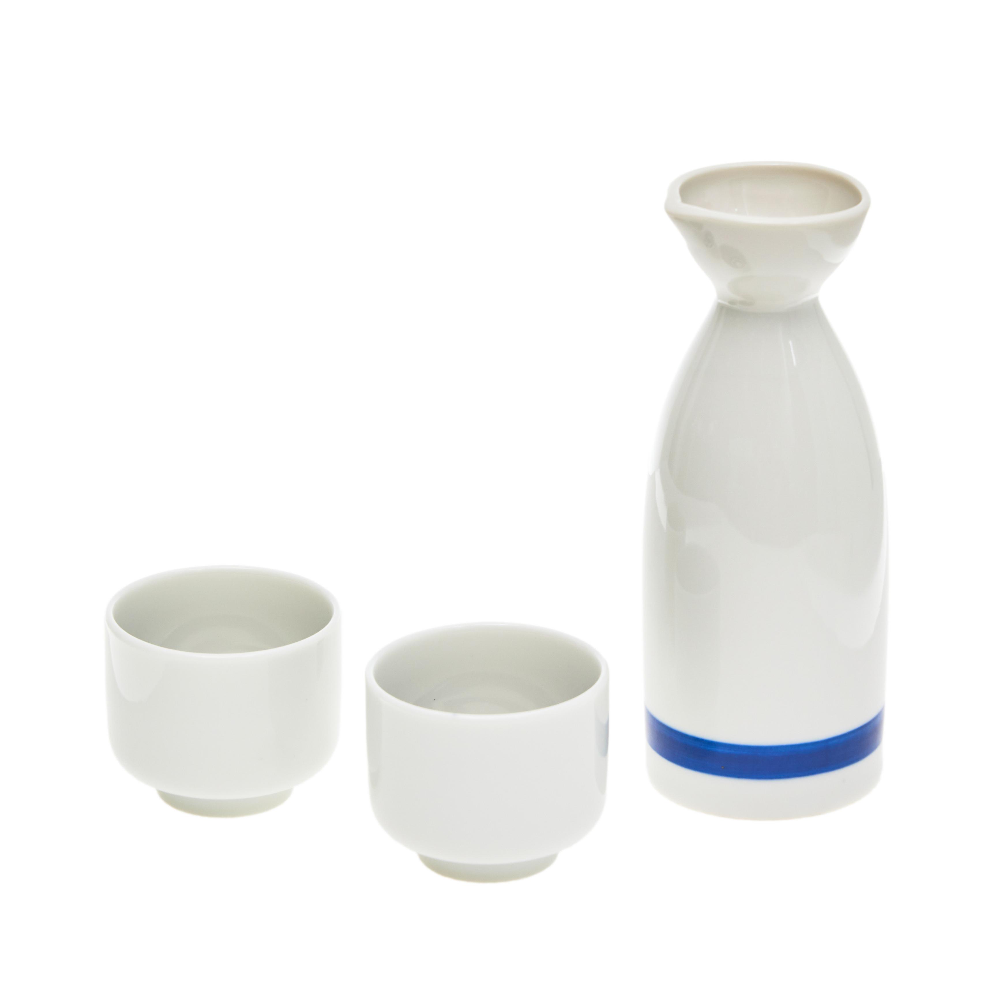 Yamata Seiho Ceramic Sake Set, White and Navy Double Ring Pattern - 225g