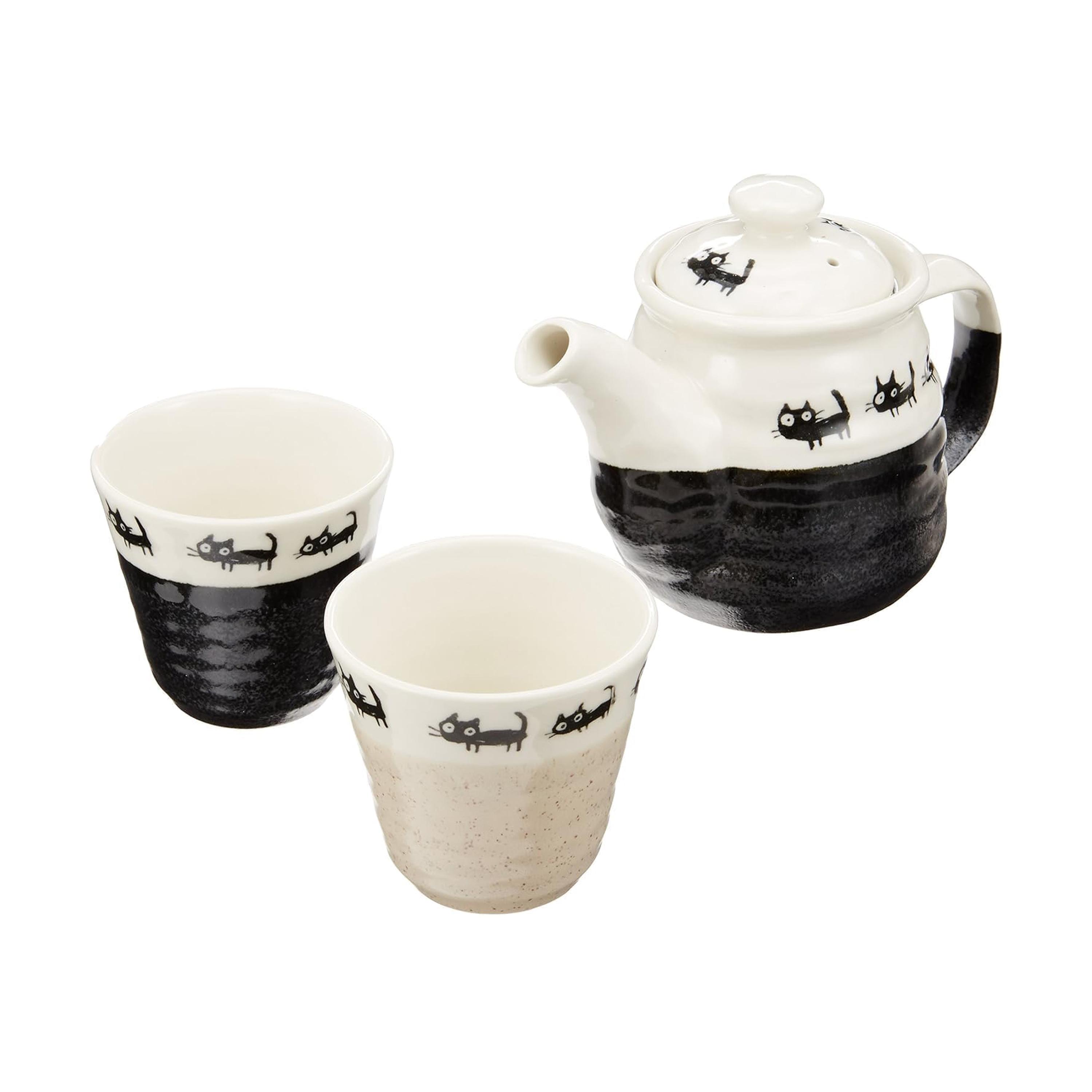 Ceramic Black Cat Tea Set, Black and Beige - 620g