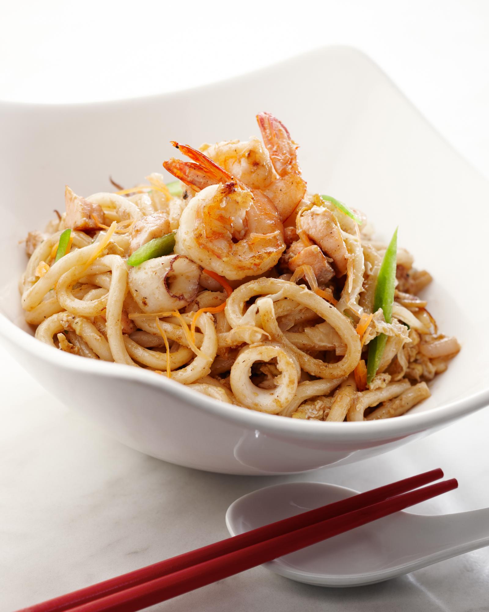 Stir fry seafood yaki udon noodles