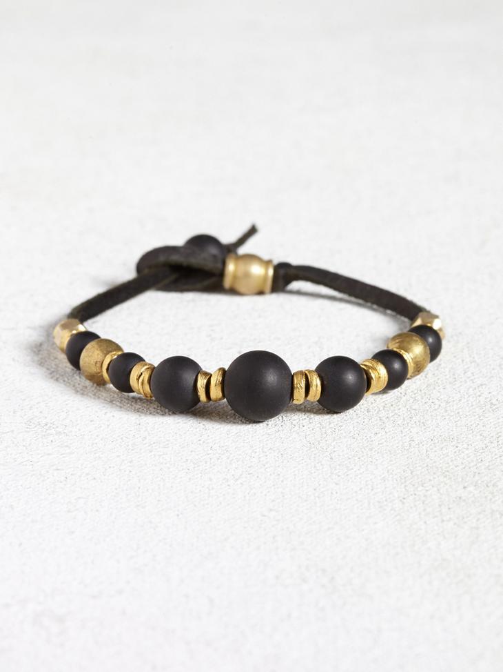 Leather Bracelet with Brass and Onyx Beads image number 1