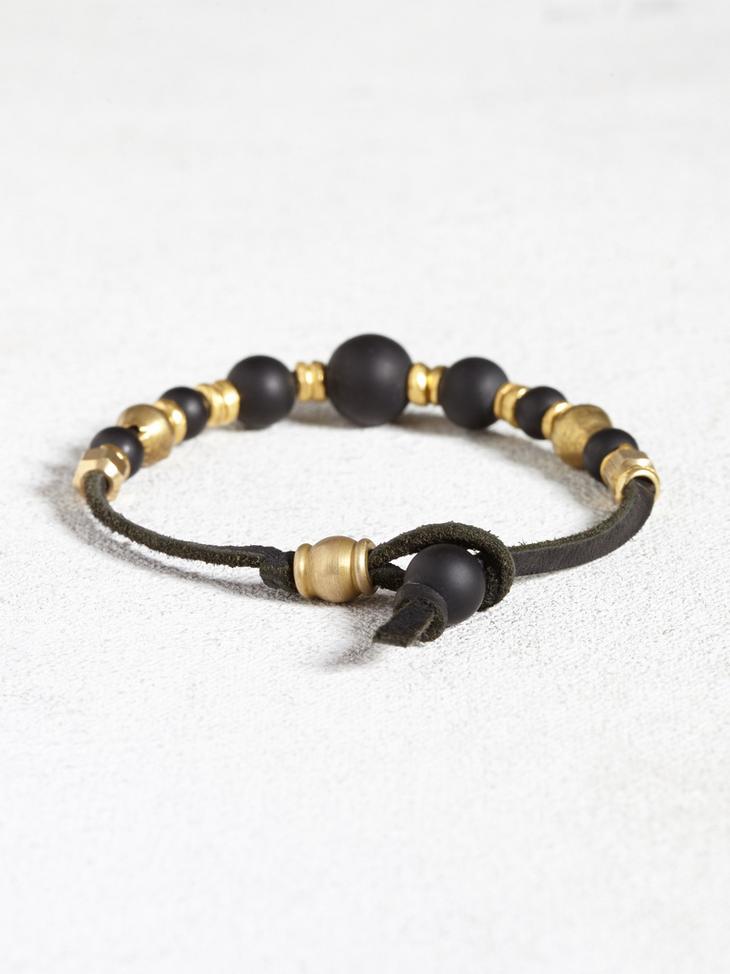 Leather Bracelet with Brass and Onyx Beads image number 2