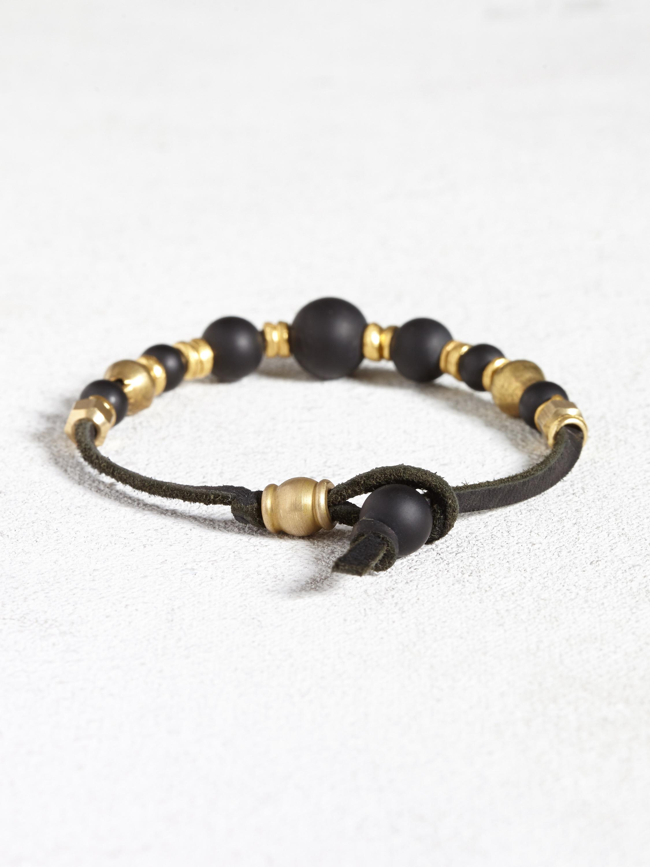 Leather Bracelet with Brass and Onyx Beads image number 2