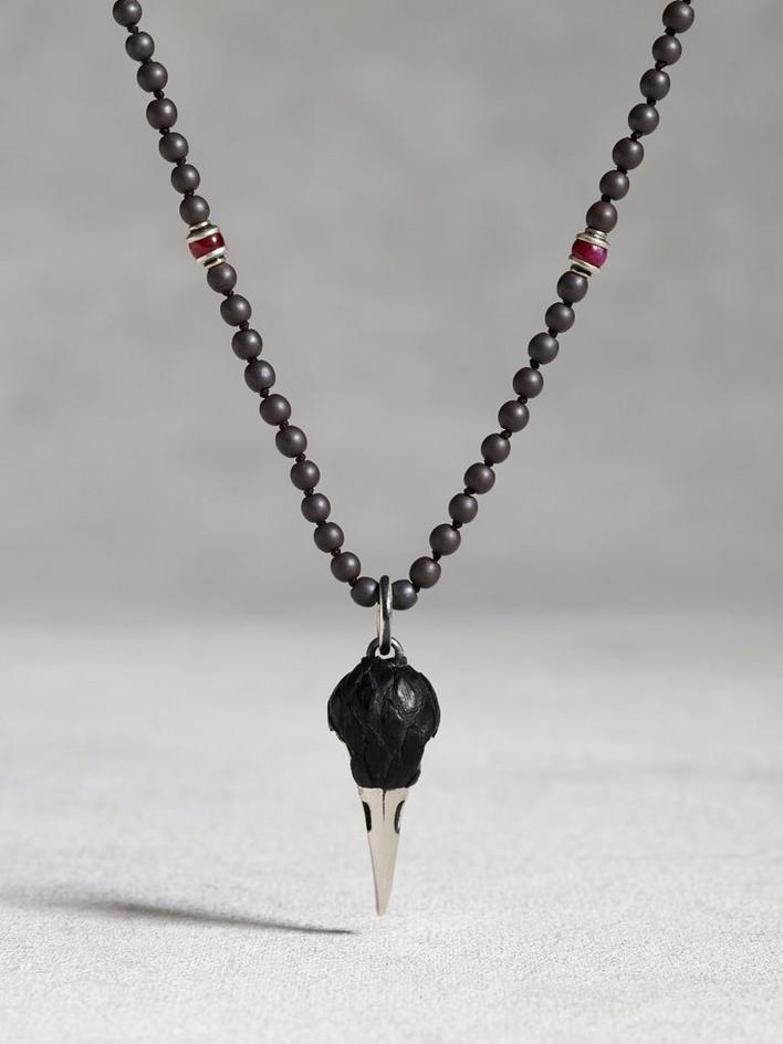 Hematite & Ruby Raven Skull Necklace image number 1