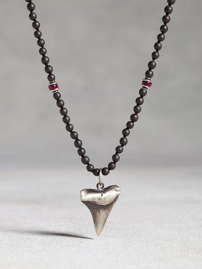 Sterling Silver Shark Tooth Beaded Necklace image number 1