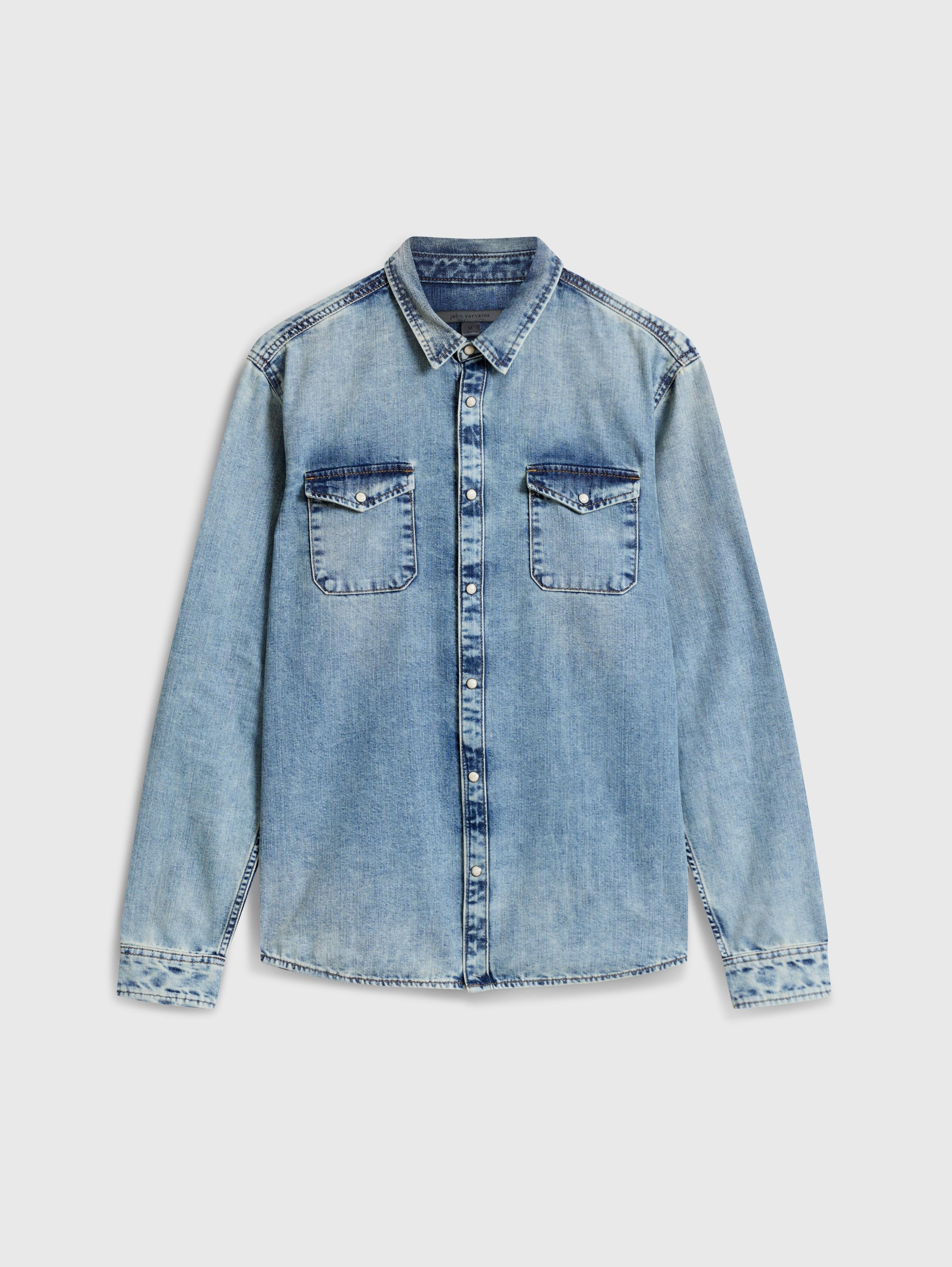 Women's Long Sleeve Western Snap Denim Shirt in Mid Denim