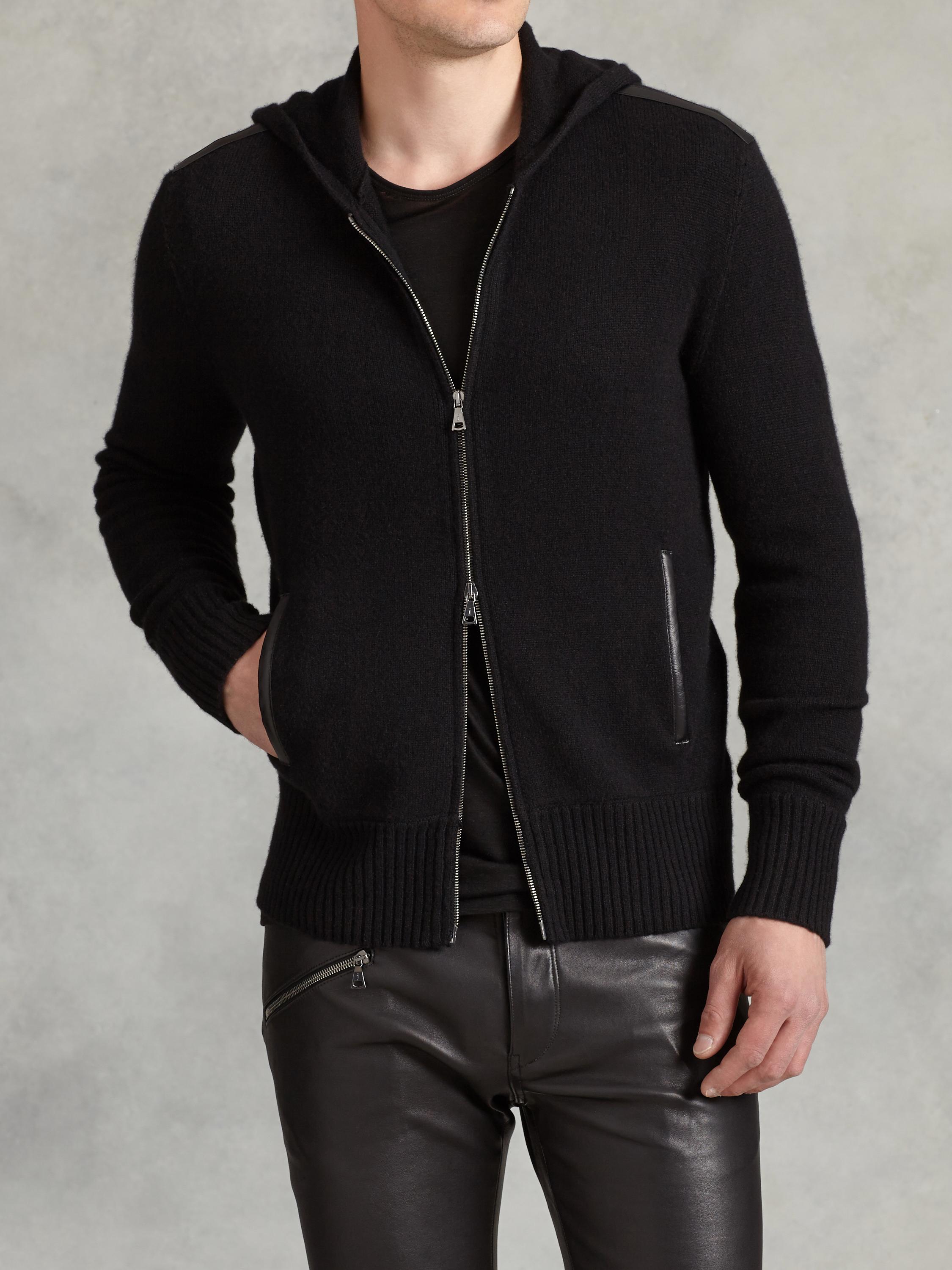 LS HOODY SWEATER W LEATHER TRIM image number 1