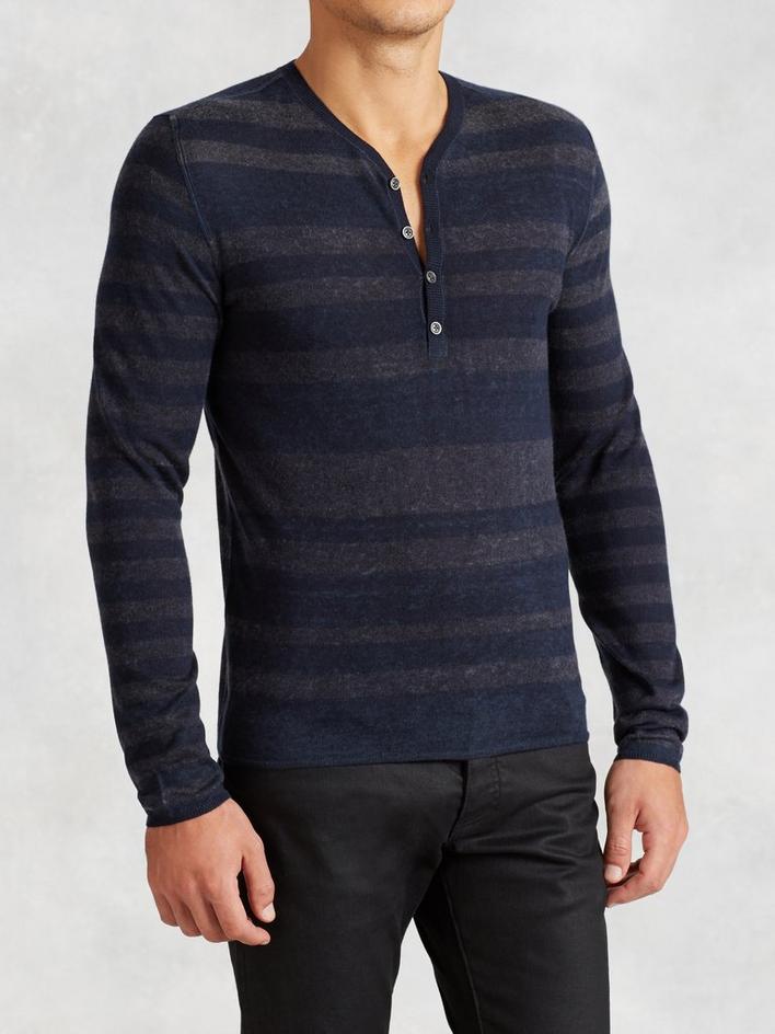 REVERSE PRINT LS STRIPED HENLEY SWEATER image number 1