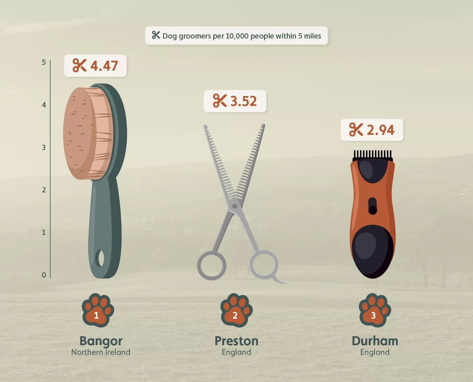 Infographic showing the holiday locations with the most dog groomers in the UK.