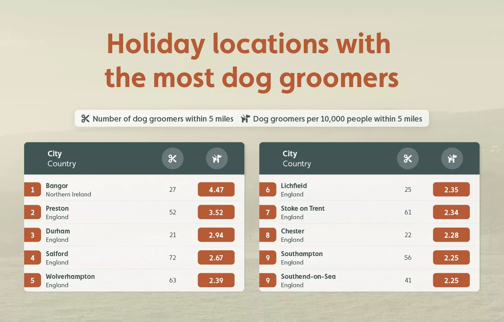 Infographic showing ten holiday locations with the most dog groomers in the UK.