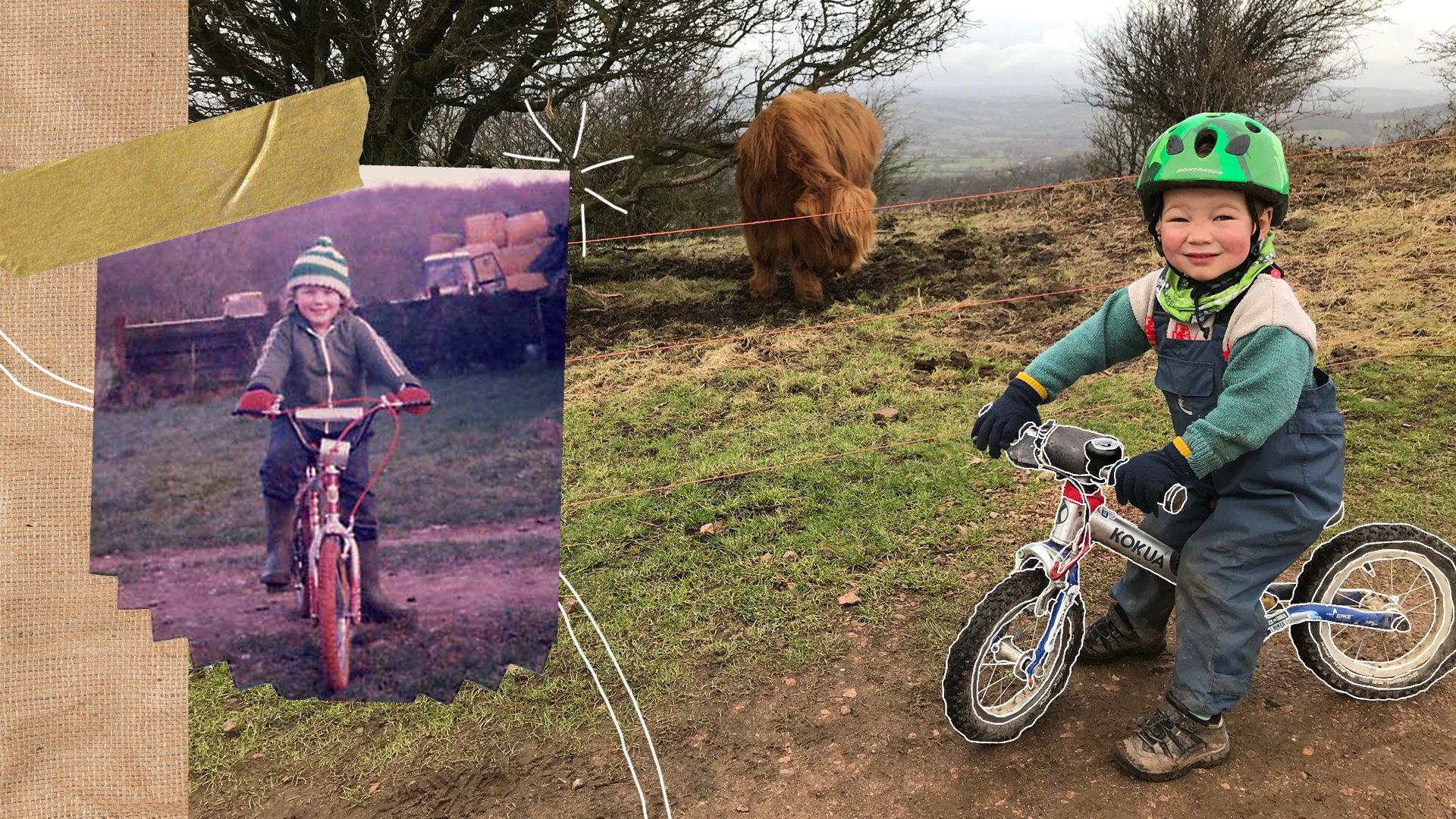 An older photo of Tracy cycling next to an image of her son, Toby on his balance bike