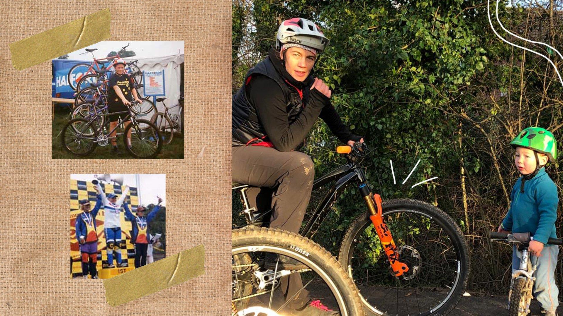 Older images of Tracy competing in mountain biking events next to an image of her and Toby on their bikes 