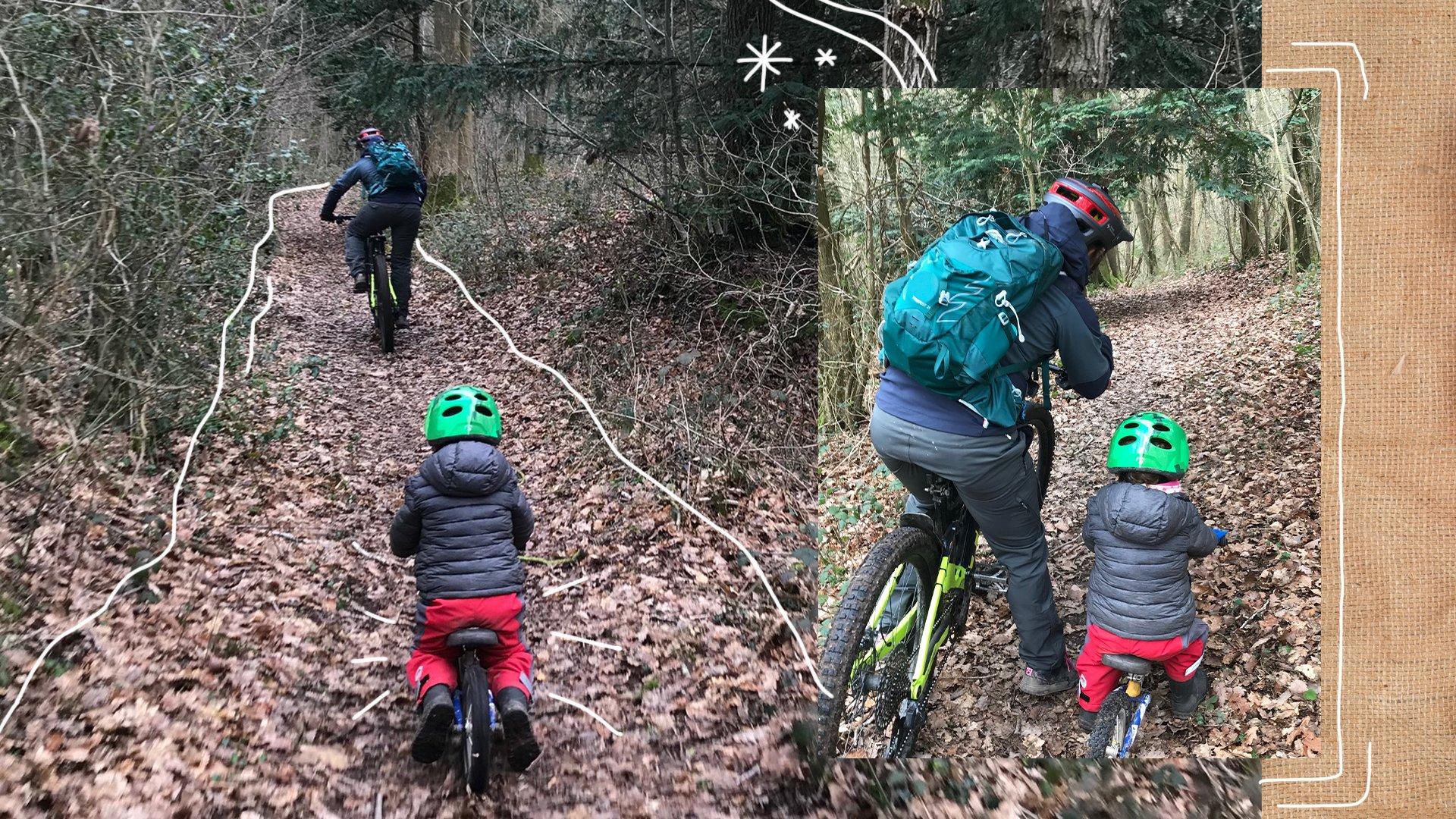 Tracy and Toby riding their bikes in a forest