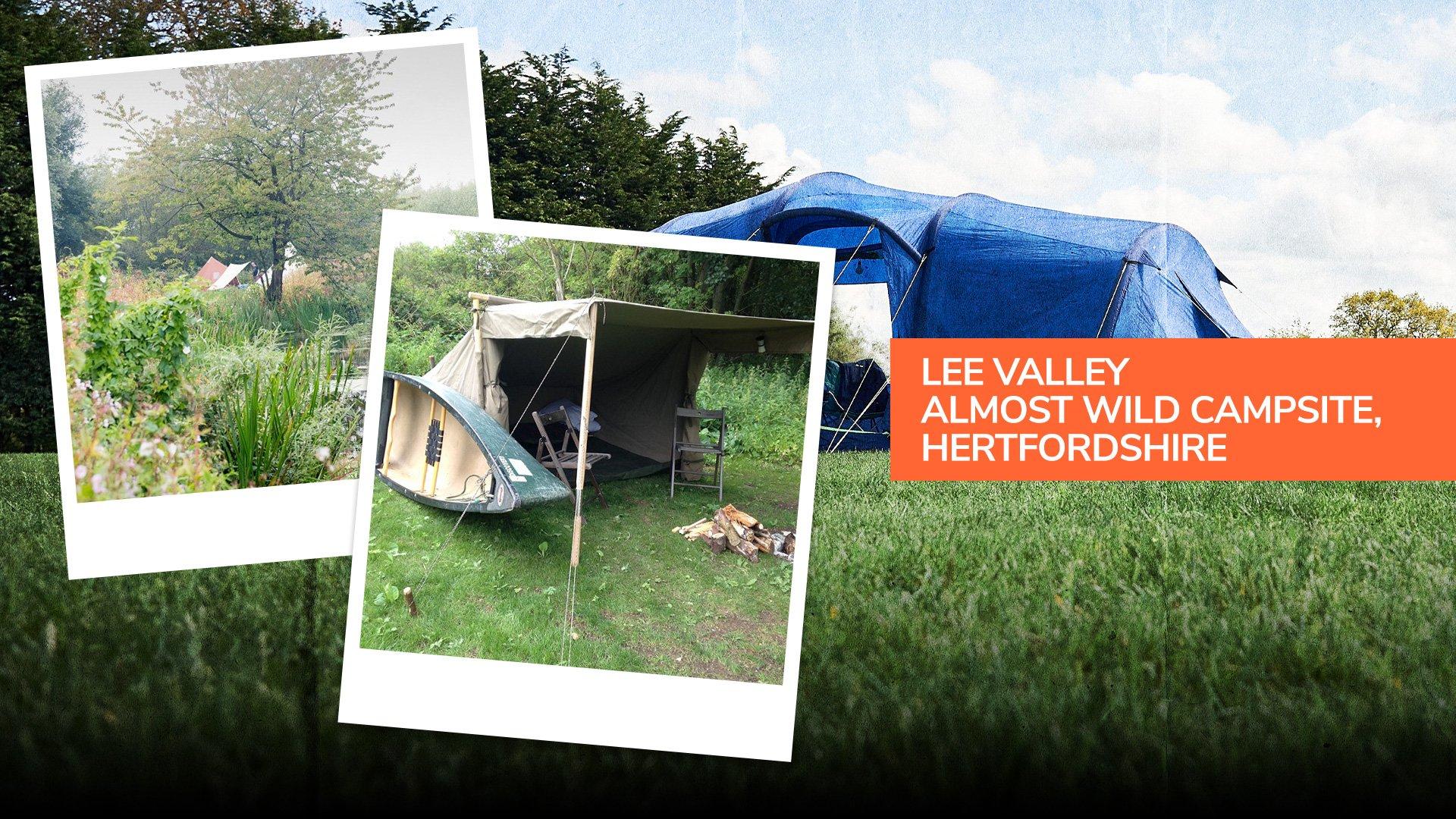 Tents pitched by the river at Lee Valley Almost Wild Campsite, Hertfordshire