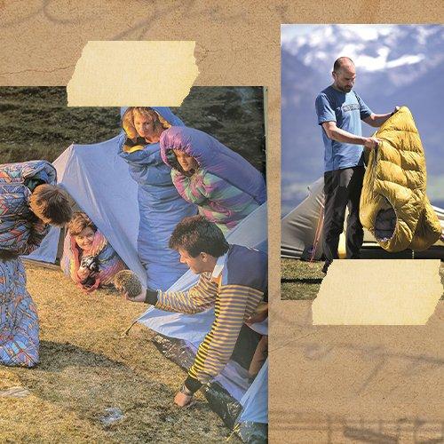 A collage of images showcasing a family from the 1980s wearing sleeping bags outside their tent whilst the father picks up a hedgehog. The second image shows a man unzipping a modern Robens sleeping bag outside his tent in the sunshine.