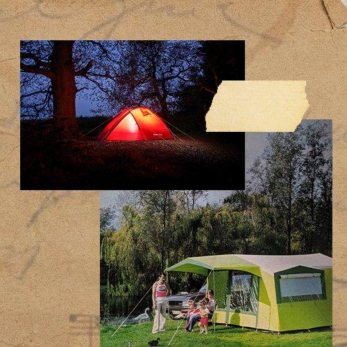 A collage of images showcasing a modern backpacking tent in a night time setting and a second image of a family sat outside a cabin tent in a field in the 1970s