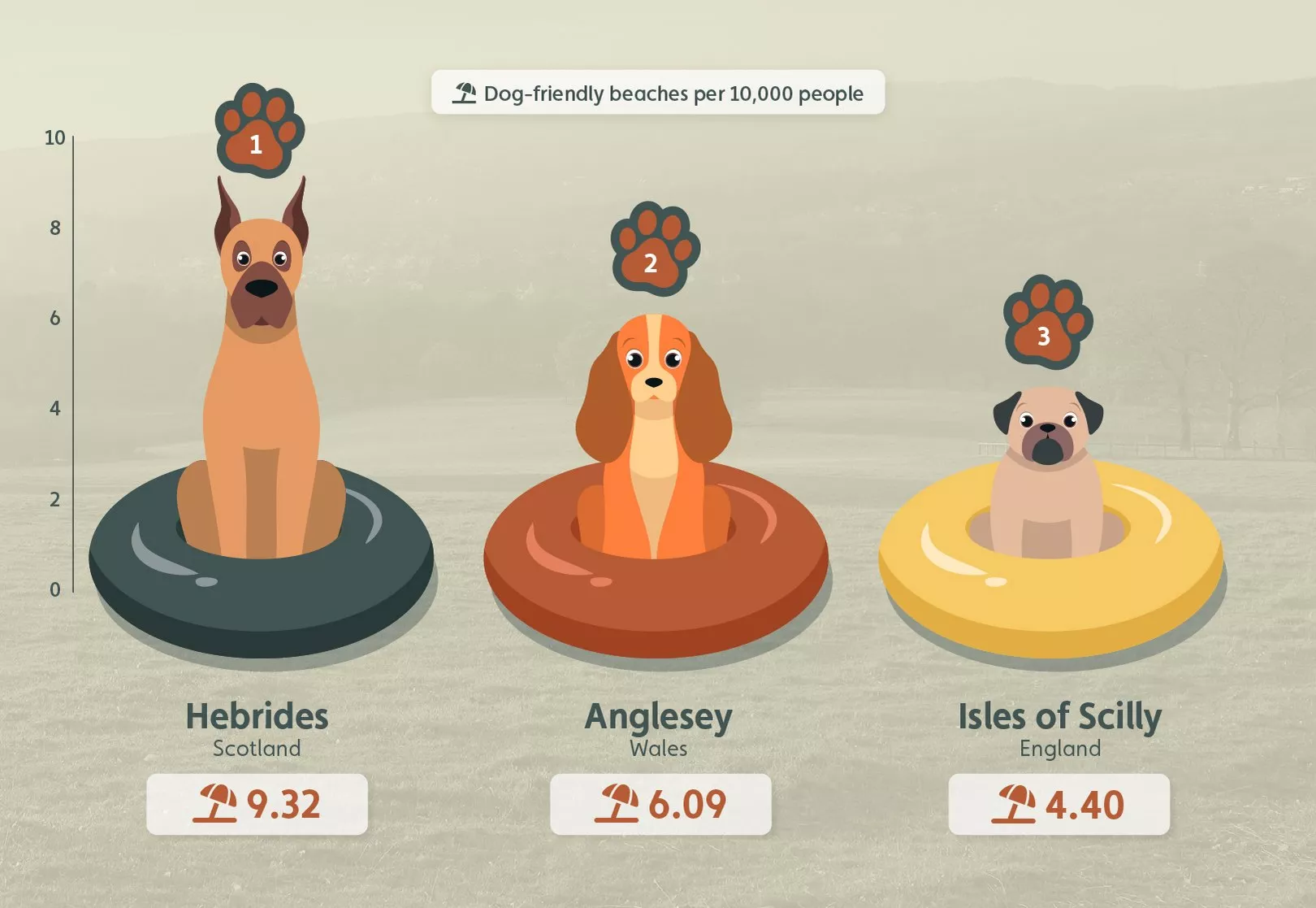 Infographic showing the staycation destinations with the most dog-friendly beaches in the UK.