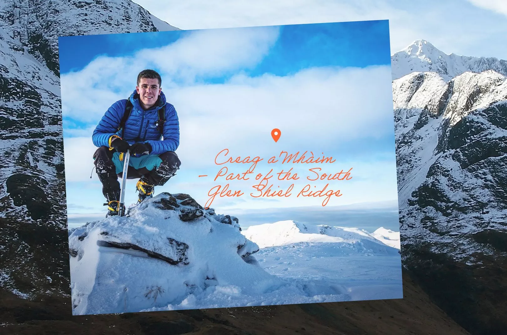 James Coutts posing with his mountaineering ice axe at Creag a'Mhàim – Part of the South Glen Shiel Ridge