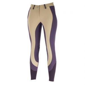 Horze Ladies Kiana Knee Patch Breeches in Light Brown/Grape Juice Purple