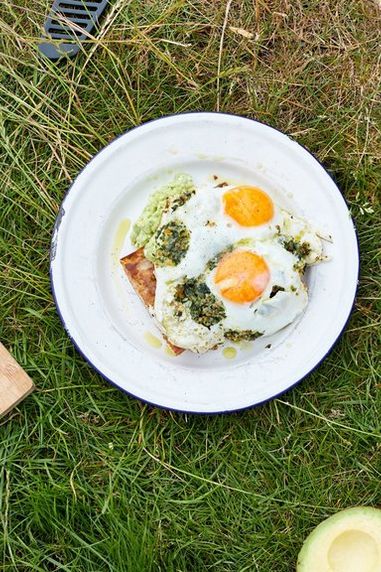 Camping stove pesto eggs with Avocado and goats cheese toast