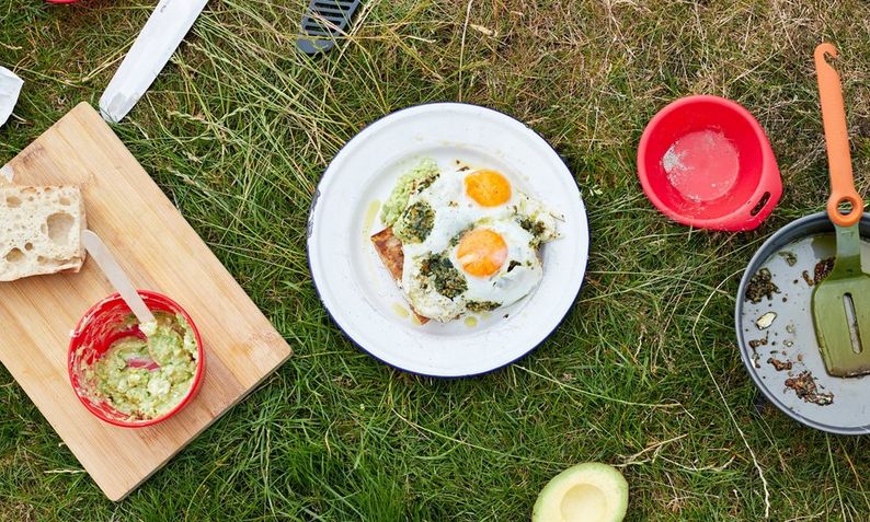 Camping stove pesto eggs with Avocado and goats cheese toast
