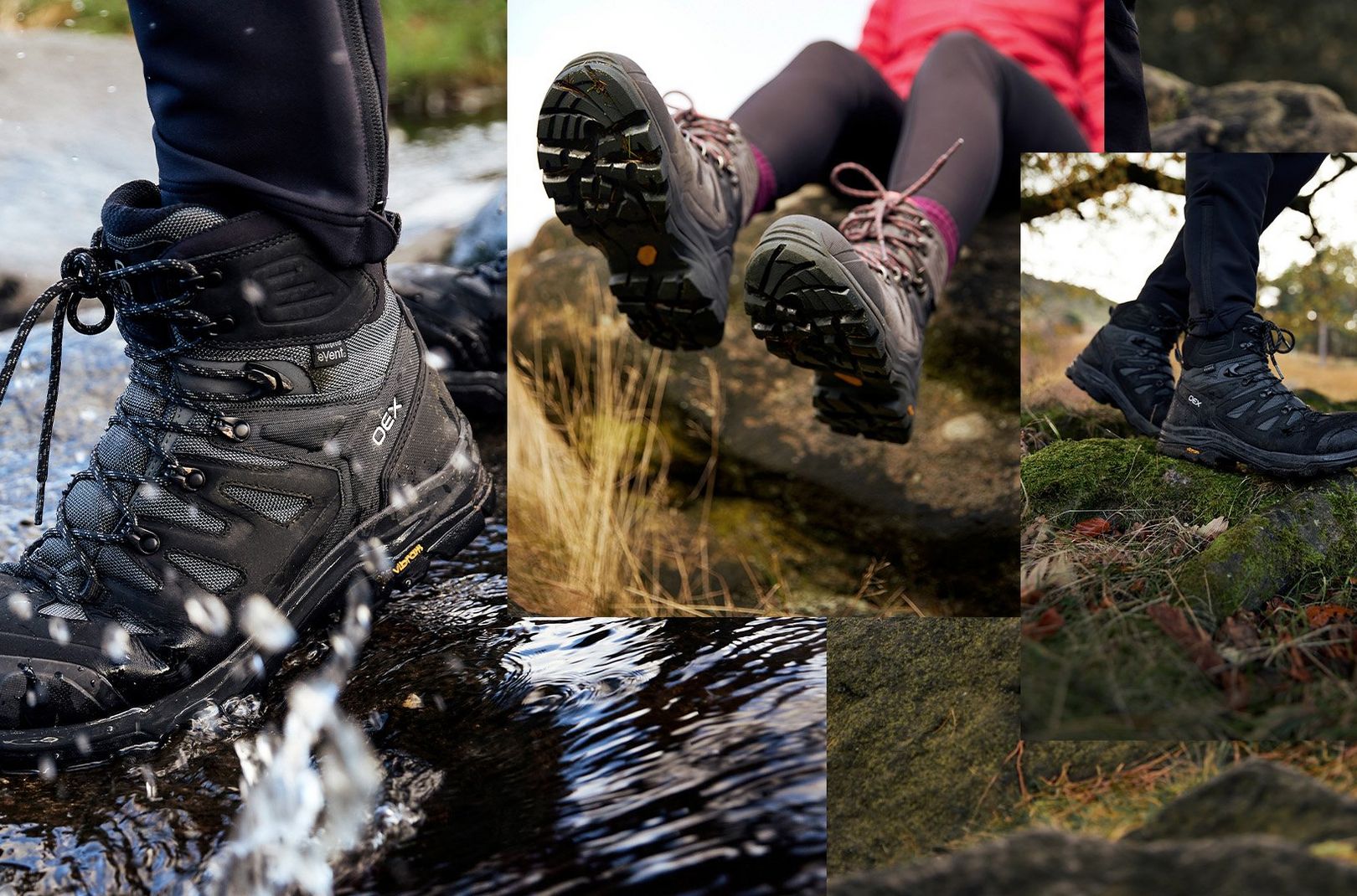 A collage of the OEX Crusade walking boots in men's and women's styles on a hike in the Peak District, UK