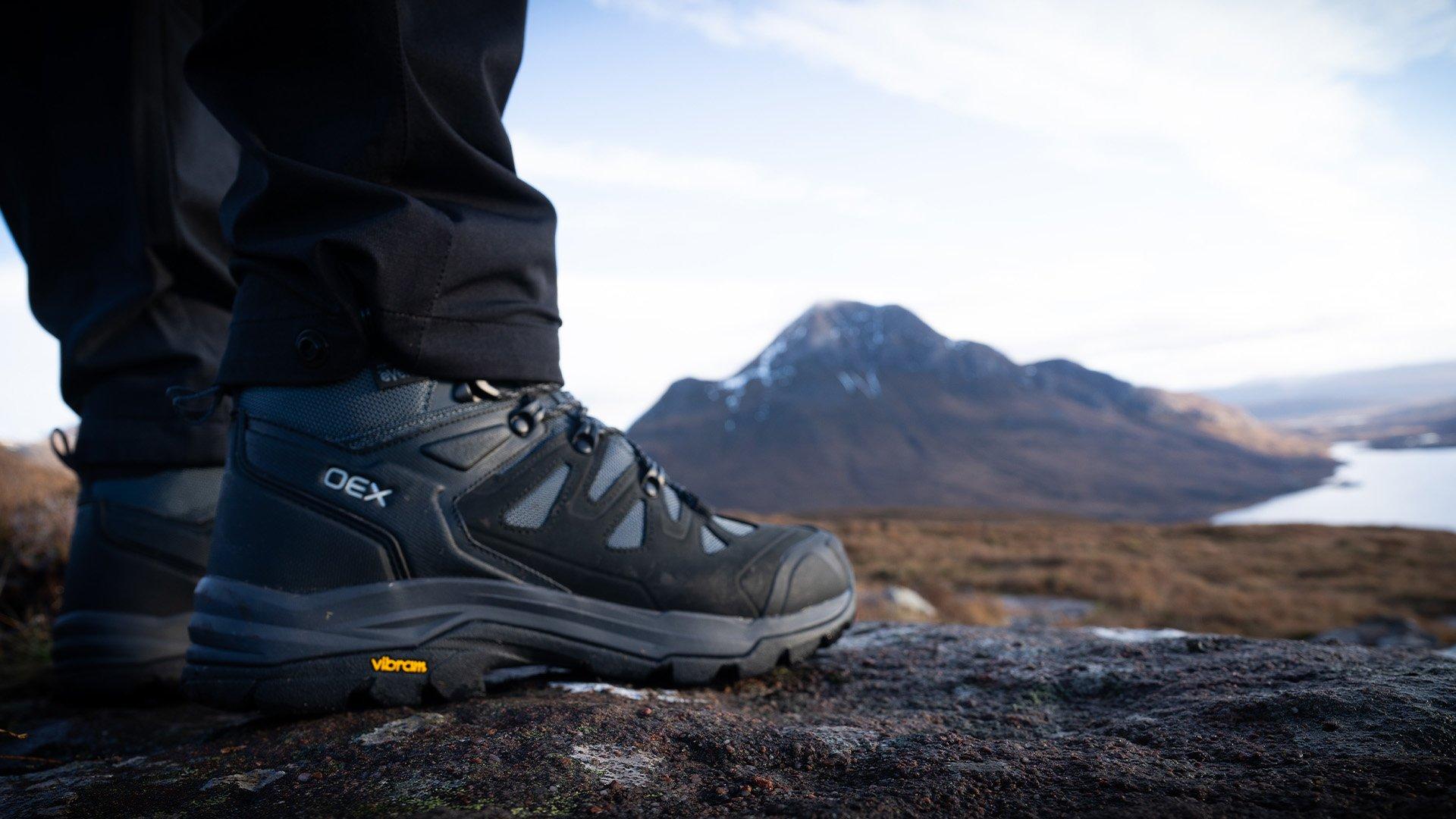 A collage of the OEX Crusade walking boots in men's and women's styles on a hike in the Peak District, UK