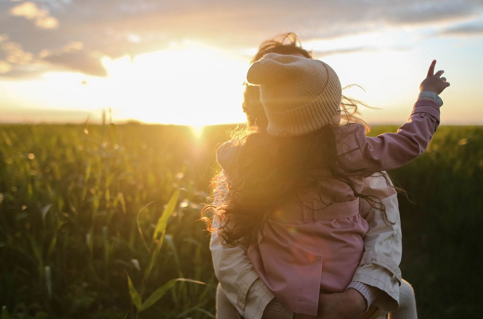 Child being held up by parent in a field looking up at the sky