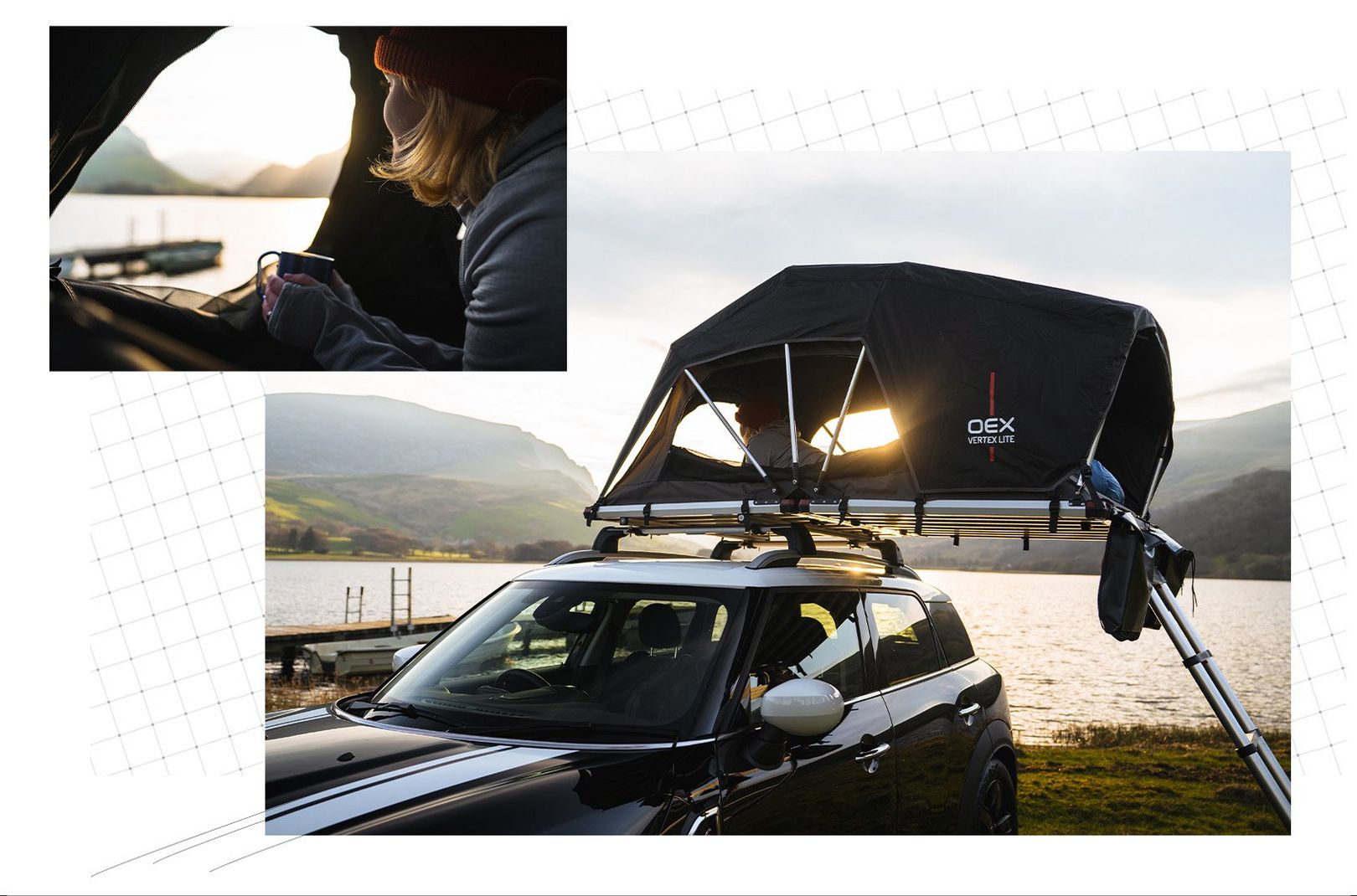 The OEX Roof tent parked up by a lake in Wales while the sun rises over a hill
