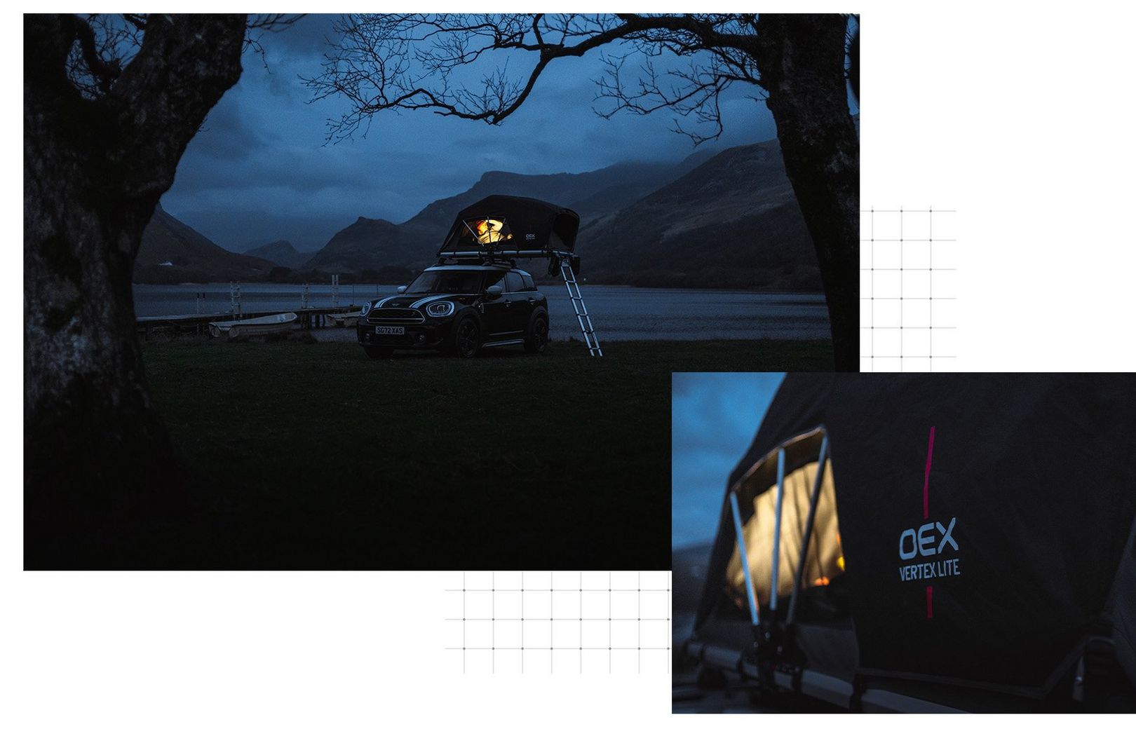 The OEX Roof tent parked up by a lake in Wales at night with a torch glowing from inside the tent