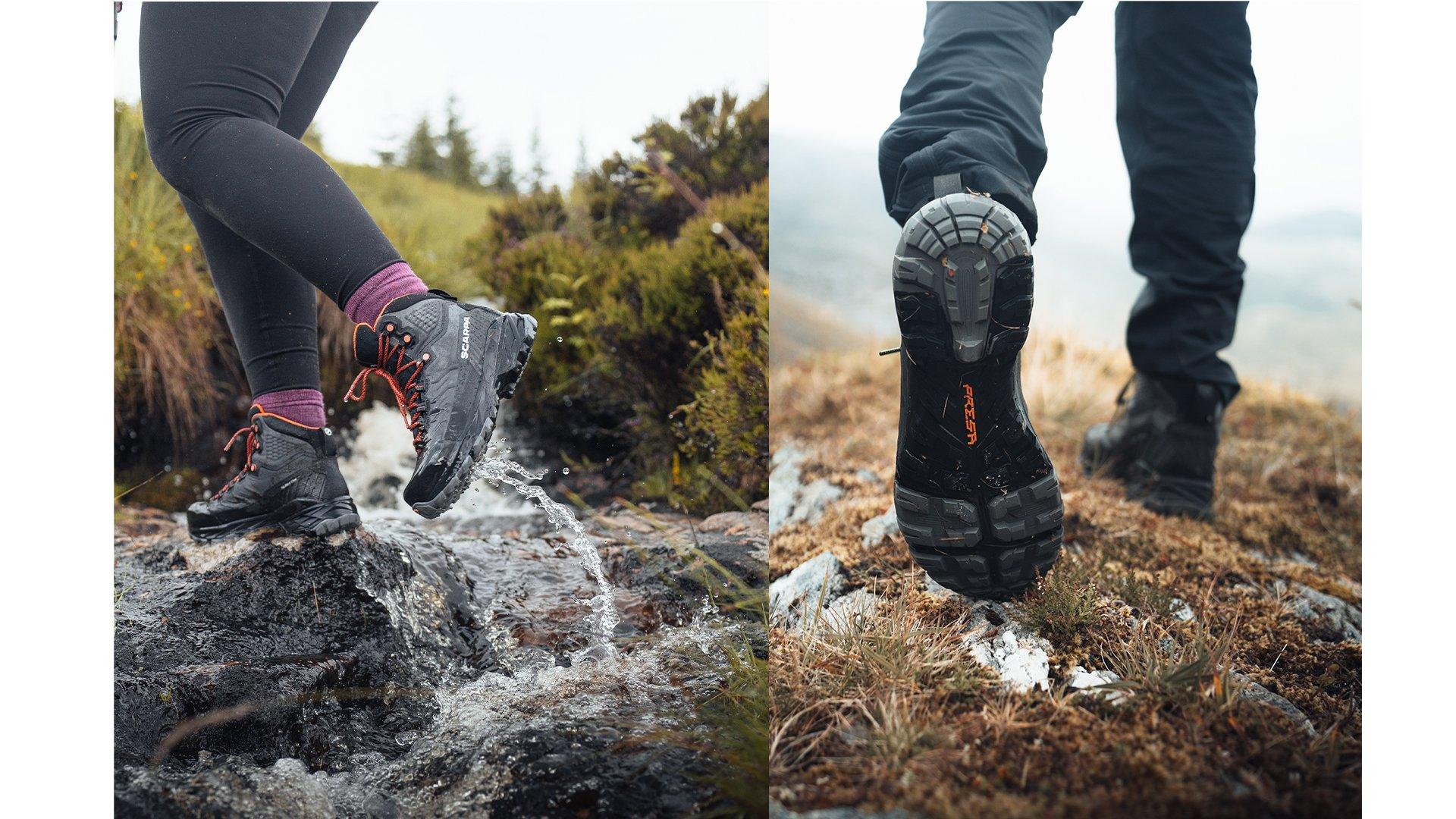 A close up on the sole of a Scarpa Rush Trk LT Boot after passing through a stream