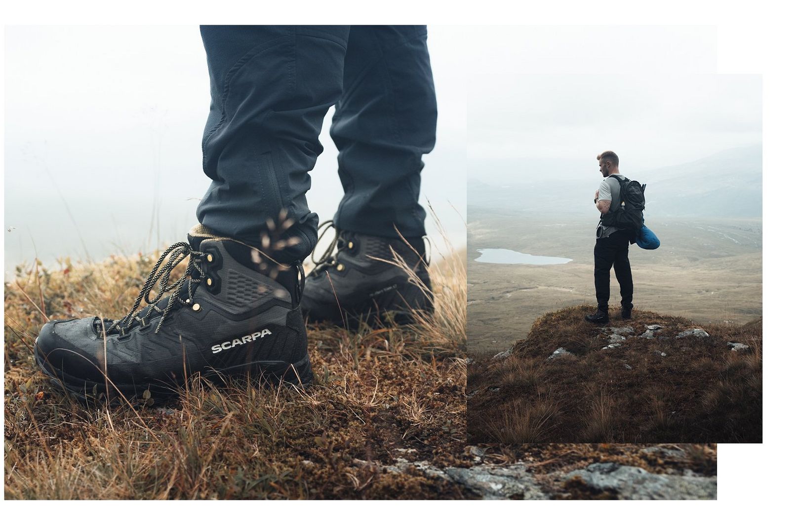 A close up of a man wearing the Scarpa Rush Trk LT Hiking Boots on a wet walking trail