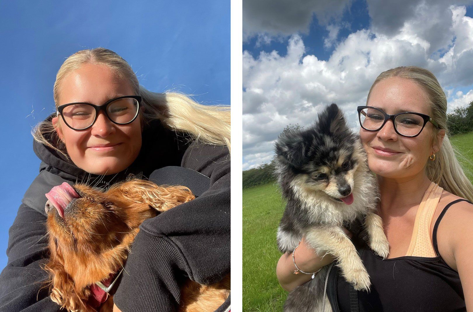 Two separate selfies of Olivia Cunningham of Tails of Bamfords with dogs.