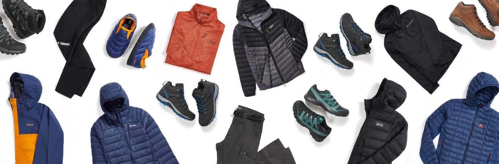 A flatlay image of outdoor products including men's clothing and footwear