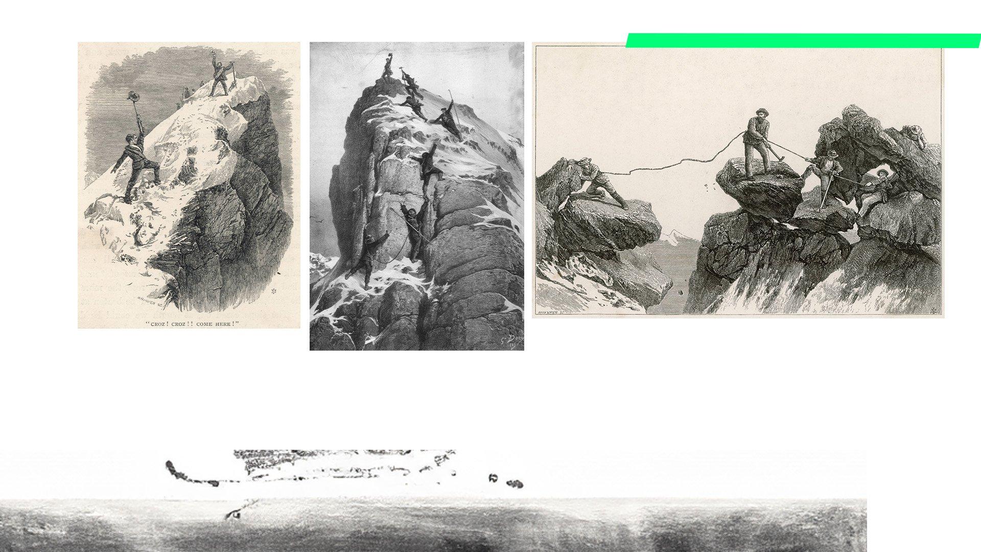 old scrapbook images of the first ascent of the matterhorn mountain in the Alps