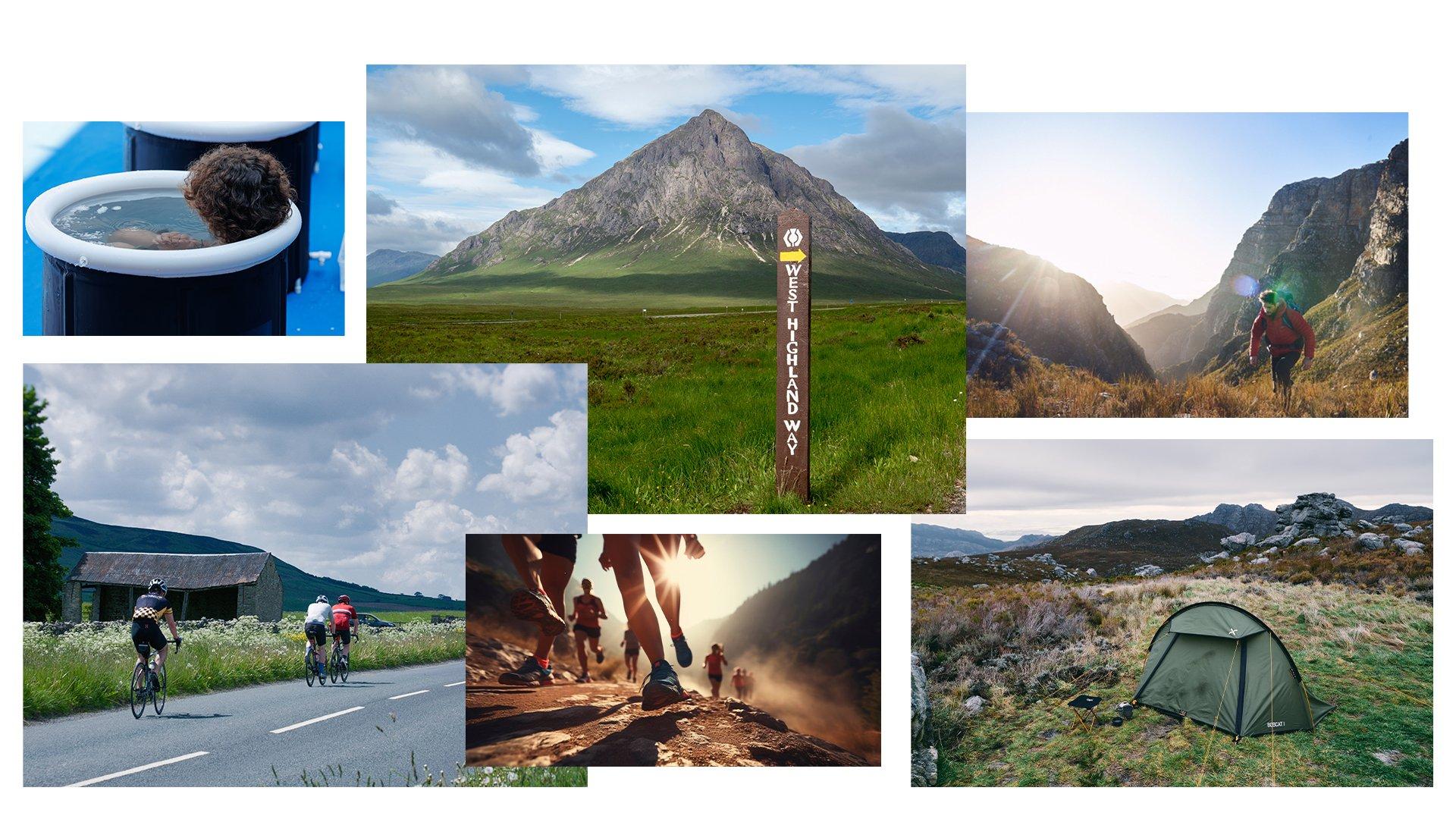 A collection of images of outdoor activities that are good for Type 2 Fun, including endurance running and cold water therapy