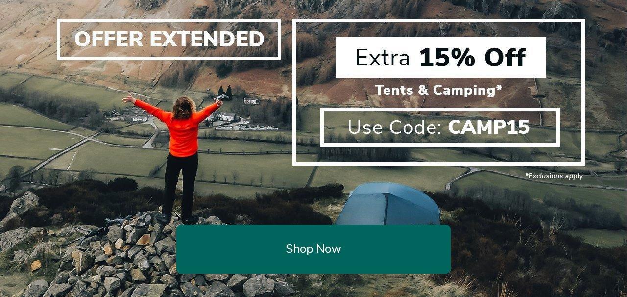 Offer Extended  Extra 15% Off Tents & Camping