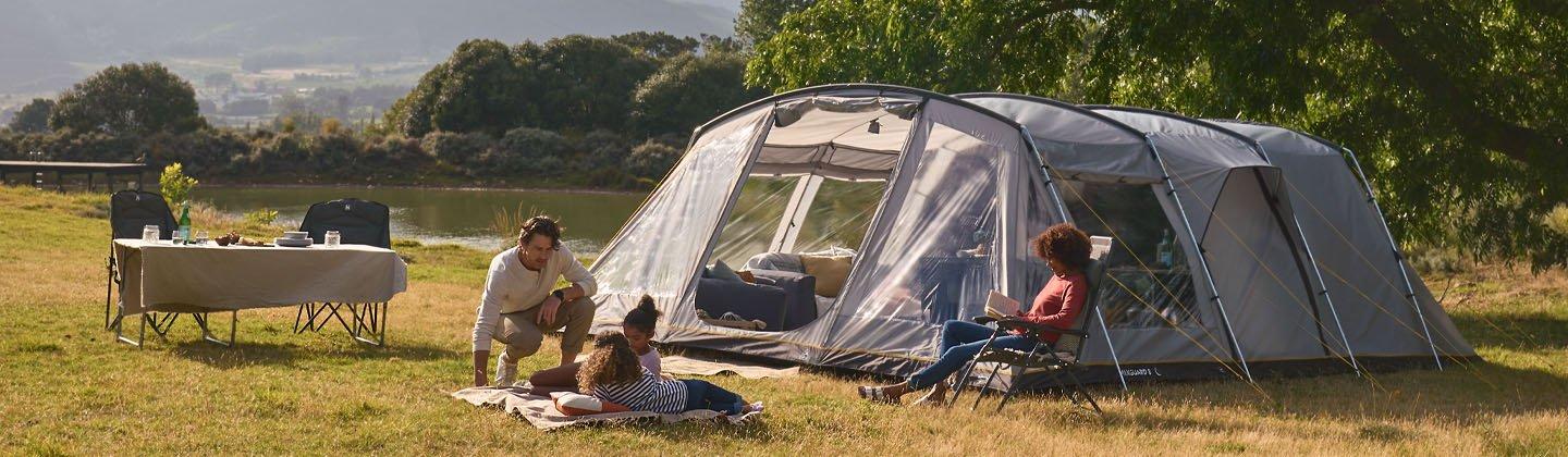 Family camping in the sunshine