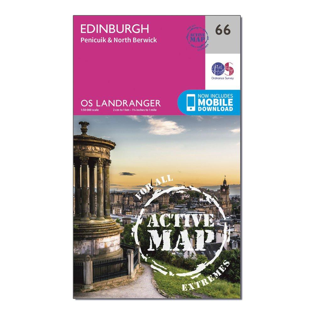 Image of Ordnance Survey Landranger Active 66 Edinburgh, Penicuik & North Berwick Map With Digital Version - Orange, Orange