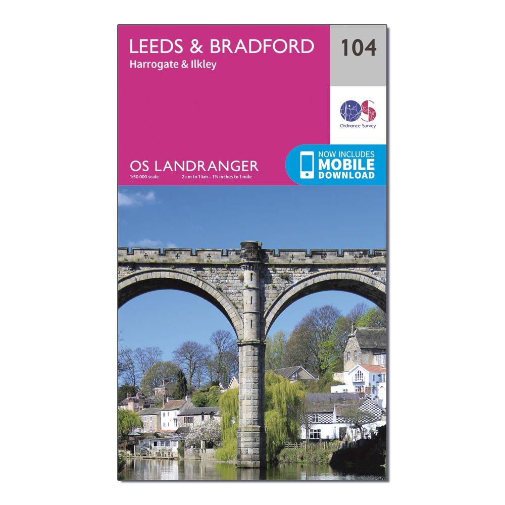Image of Ordnance Survey Landranger 104 Leeds & Bradford, Harrogate & Ilkley Map With Digital Version - Pink, Pink