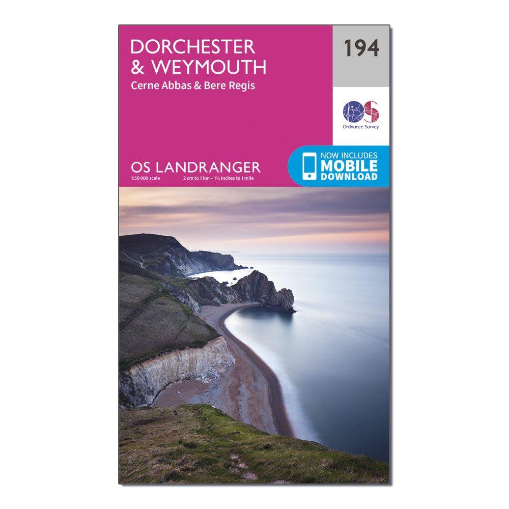 Image of Ordnance Survey Landranger 194 Dorchester & Weymouth, Cerne Abbas & Bere Regis Map With Digital Version - Pink, Pink