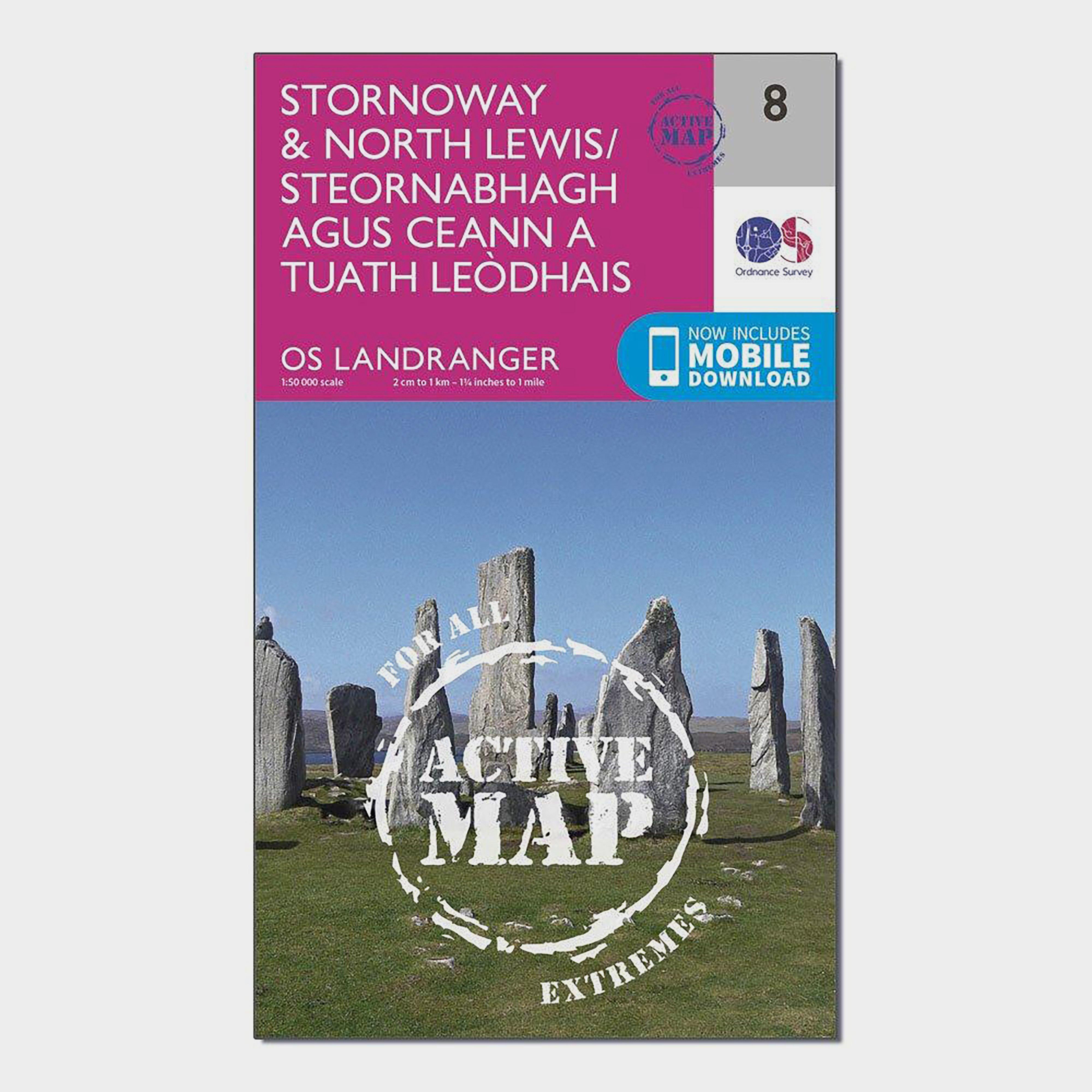 Image of Ordnance Survey Landranger Active 8 Stornoway & North Lewis Map With Digital Version - Pink, Pink