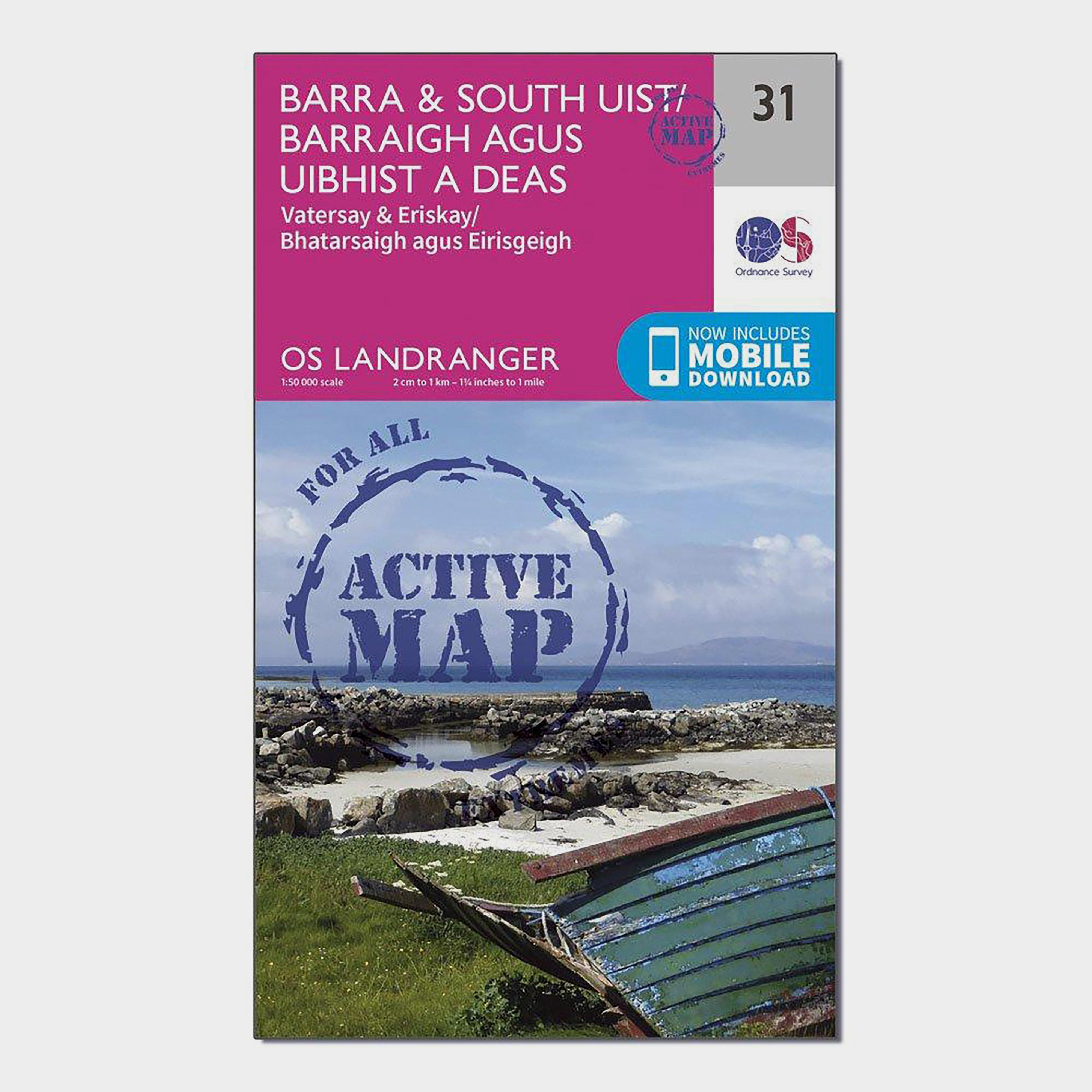 Image of Ordnance Survey Landranger Active 31 Barra & South Uist, Vatersay & Eriskay Map With Digital Version - Pink, Pink