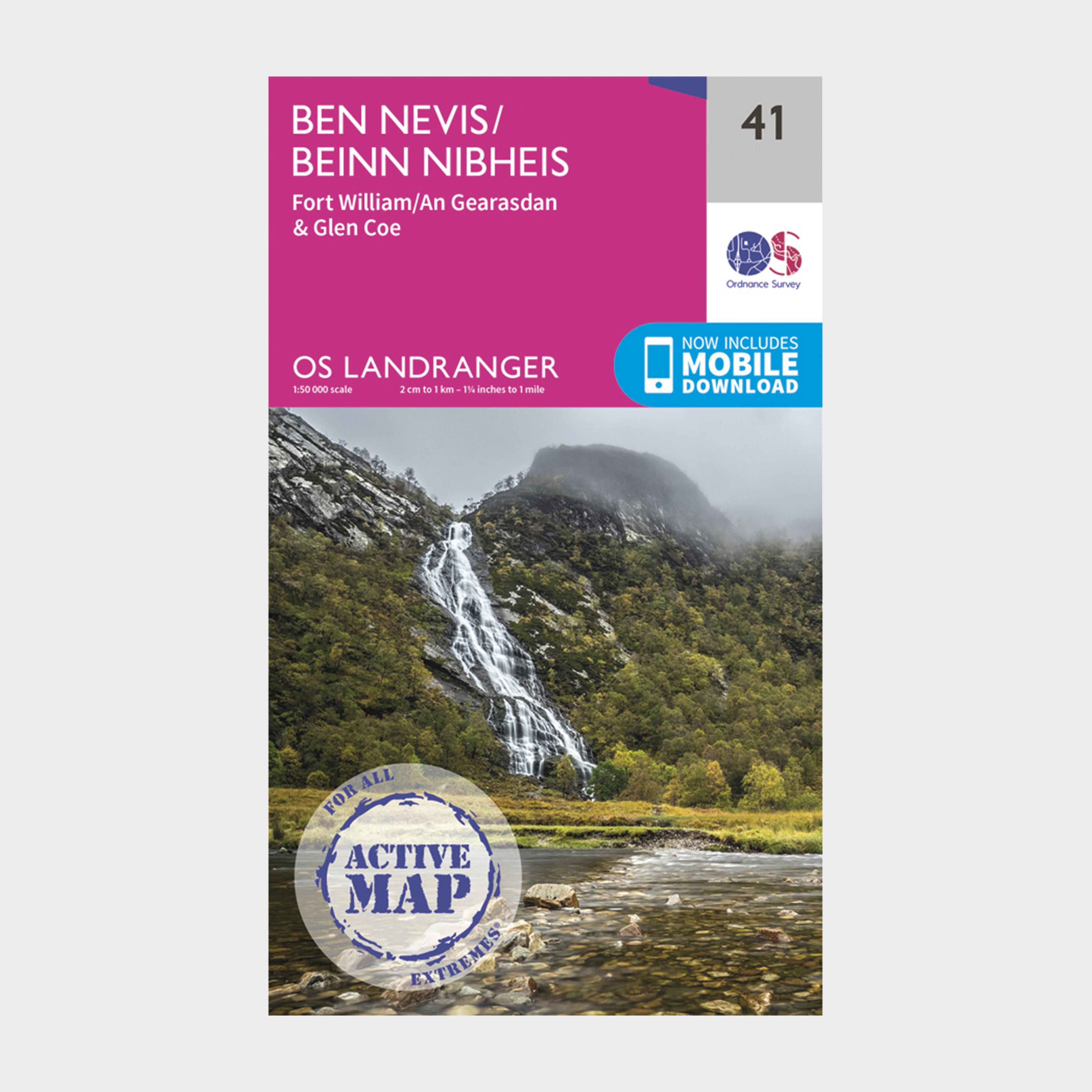 Image of Ordnance Survey Landranger Active 41 Ben Nevis, Fort William & Glen Coe Map With Digital Version - Pink, Pink