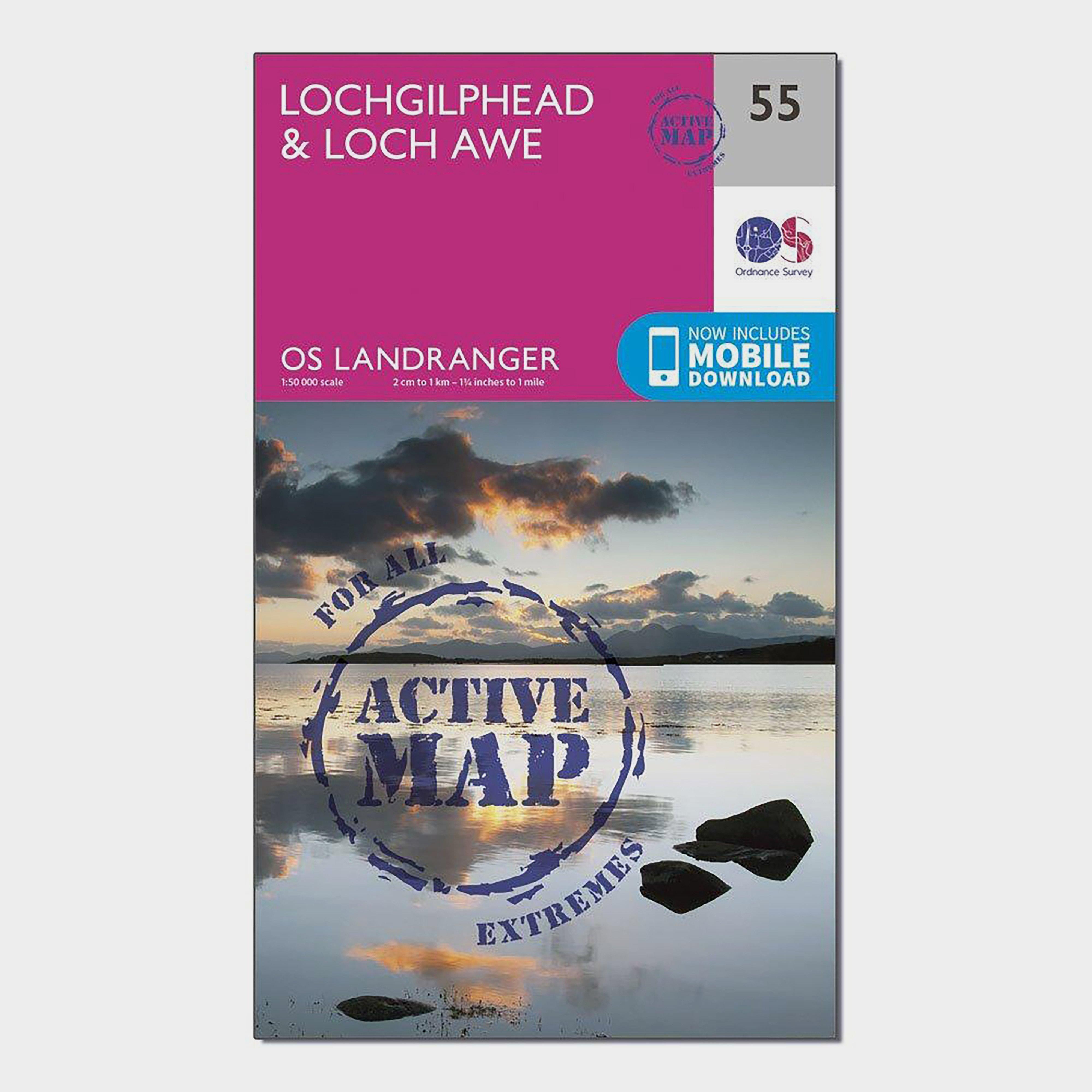 Image of Ordnance Survey Landranger Active 55 Lochgilphead & Loch Awe Map With Digital Version - Pink, Pink