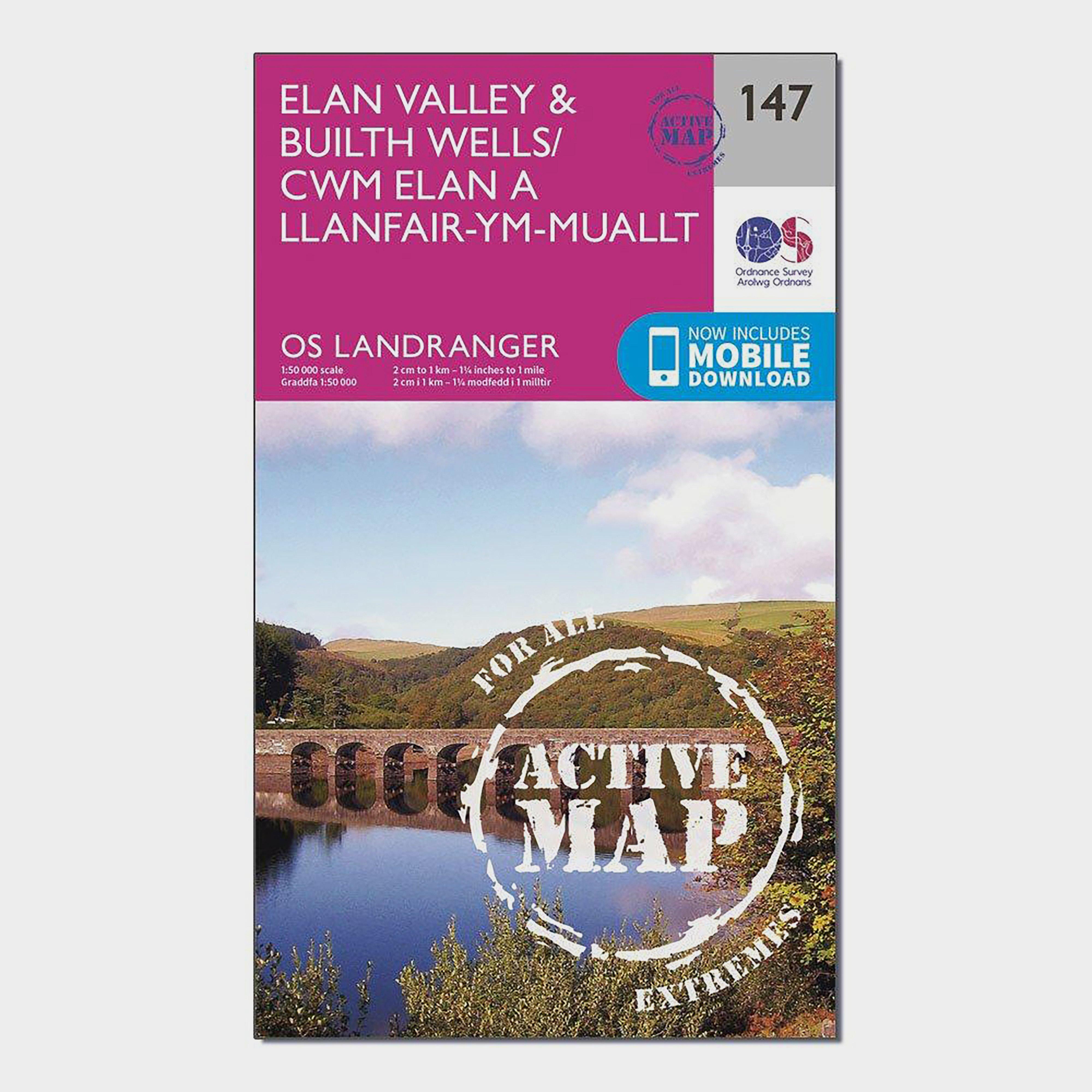 Image of Ordnance Survey Landranger Active 147 Elan Valley & Builth Wells Map With Digital Version - Pink, Pink