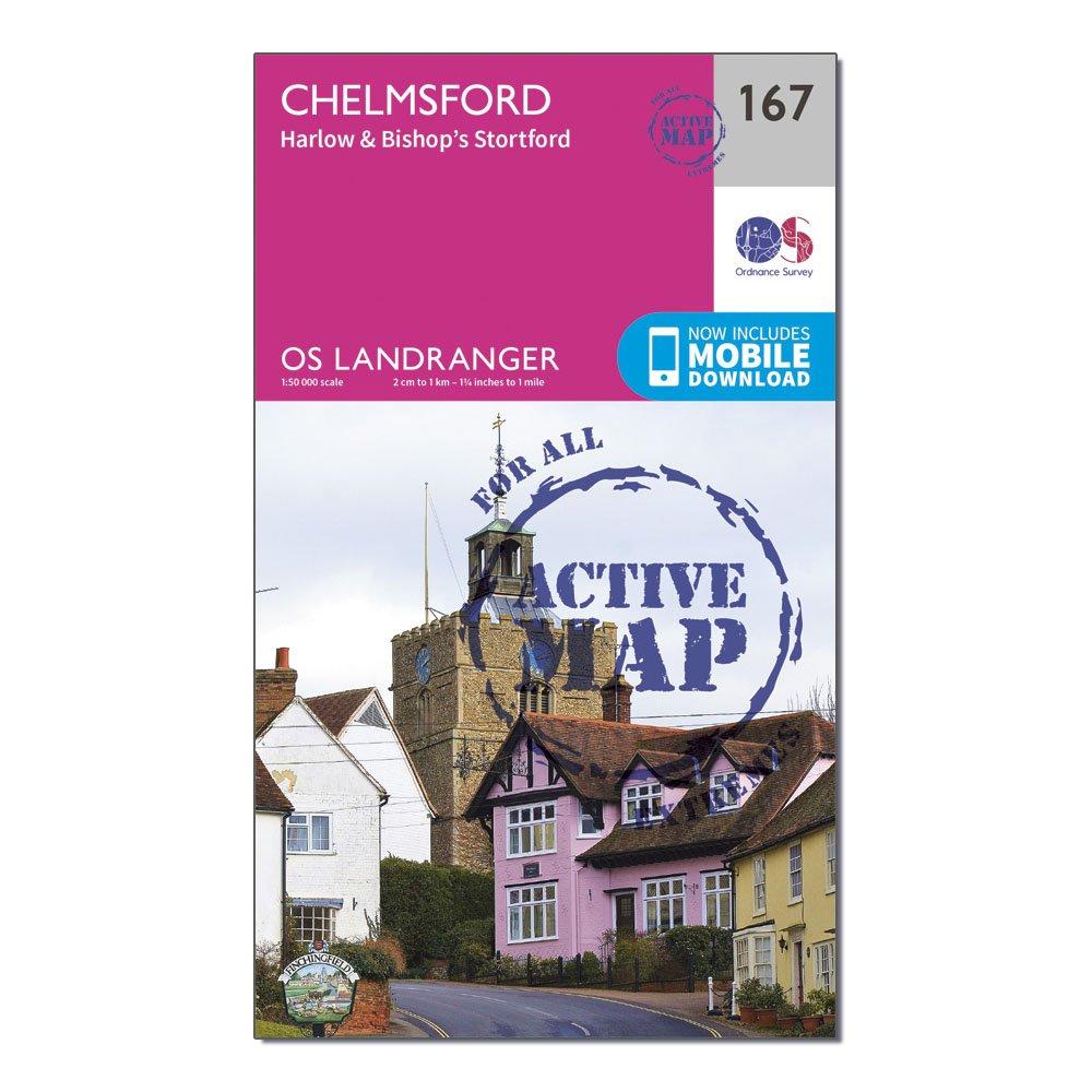Image of Ordnance Survey Landranger Active 167 Chelmsford, Harlow & Bishop's Stortford Map With Digital Version - Pink, Pink