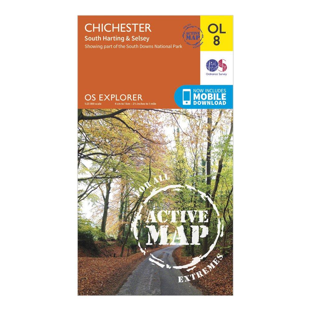 Image of Ordnance Survey Explorer Active Ol 8 Chichester Map - Orange, Orange